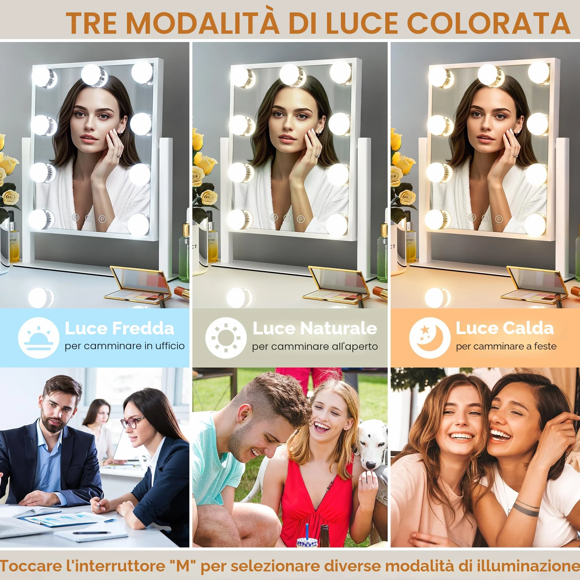 LuxeVue Hollywood Specchio da trucco con luci, specchio illuminato con luce a 3 colori e 9 lampadine a LED dimmerabili, schermo touch intelligente e rotazione di 360 gradi