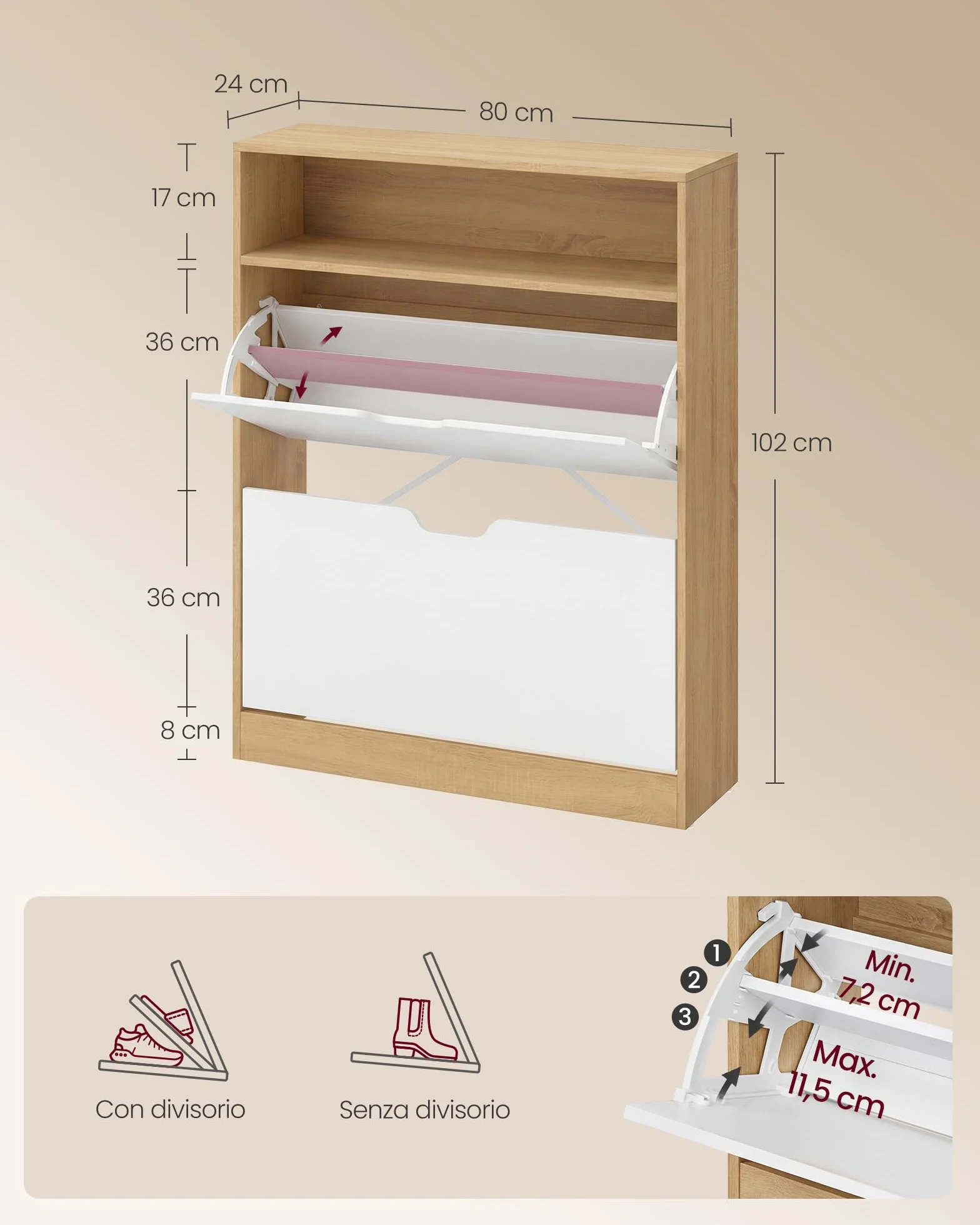 VASAGLE CUSTOS Collezione Scarpiera 24 x 80 x 102 cm 14-16 Paia Rovere Dorato e Bianco Nuvola