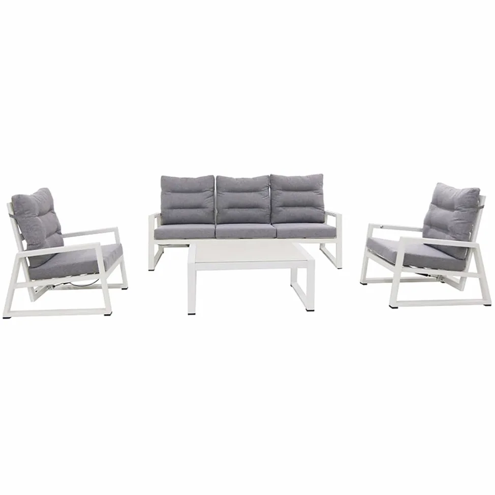 Salottino Lounge in alluminio MIKONOS PLUS bianco/grigio | Lounge da giardino con divano, tavolo, 2 poltrone e cuscini | Set di mobili da giardino in metallo da 5 persone