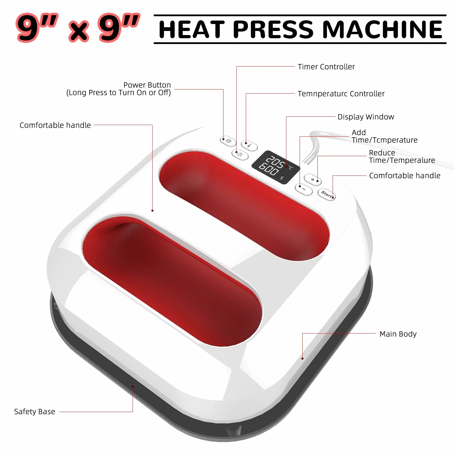 Pressa a Caldo, Pressa a Caldo per Magliette 2 in 1, Mini Pressa a Caldo(9" x 9"), Termopressa, Stampante per Tessuti, Stampante per Magliette/Cappelli/Borse/Cotone/Poliestere