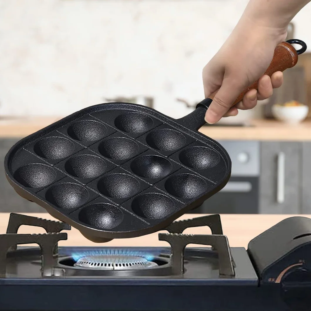 TIKUSAN Takoyaki Pan Ghisa 14 Stampi Manico in Legno