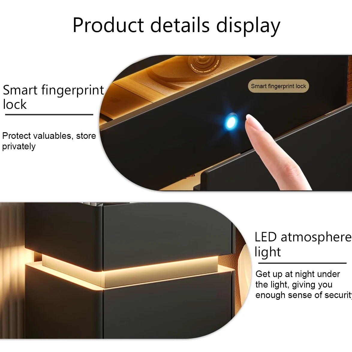 Comodino moderno, intelligente in legno , comodino con scomparto segreto Design Moderno Minimal Striscia Con sblocco tramite impronta digitale LED in legno per Camera da Letto, Soggiorno(White-A)