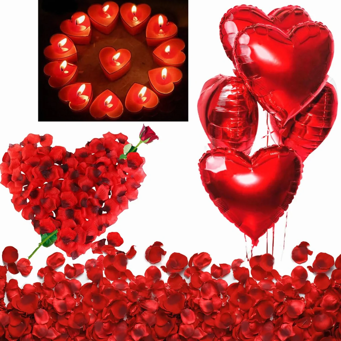 Kit Romantico di 50 Candeline a Forma di Cuore + 1000 Petali di Rosa di Seta + 5 Palloncini Rossi - Decorazioni per Matrimonio, San Valentino e Fidanzamento