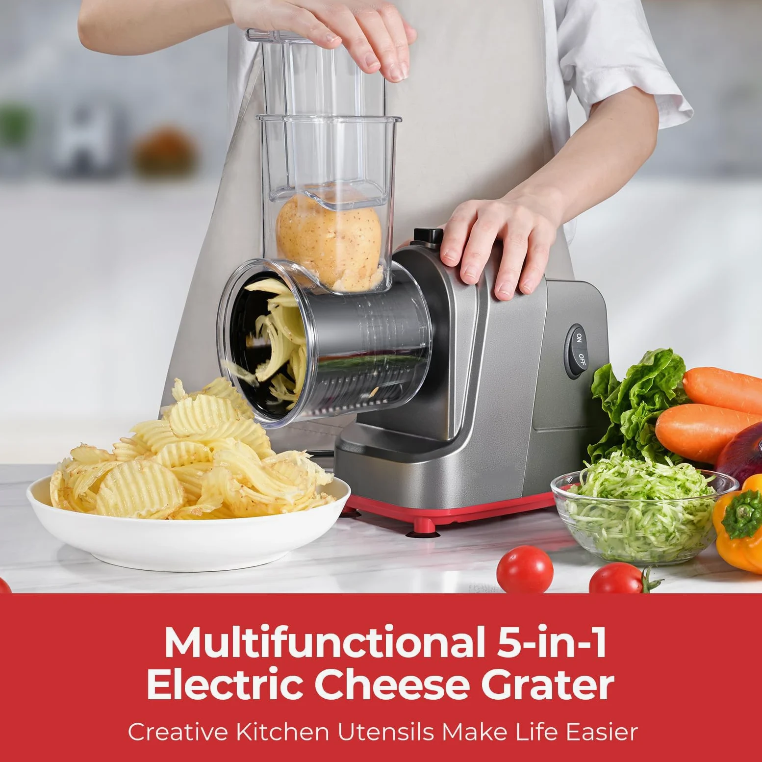 Grattugia elettrica per Formaggio, 5 Lame di Forma diversa per Insalata, Formaggio, Frutta e Verdura, grattugia elettrica da 250 W per Carote Intere, affettatrice per Patate al Formaggio