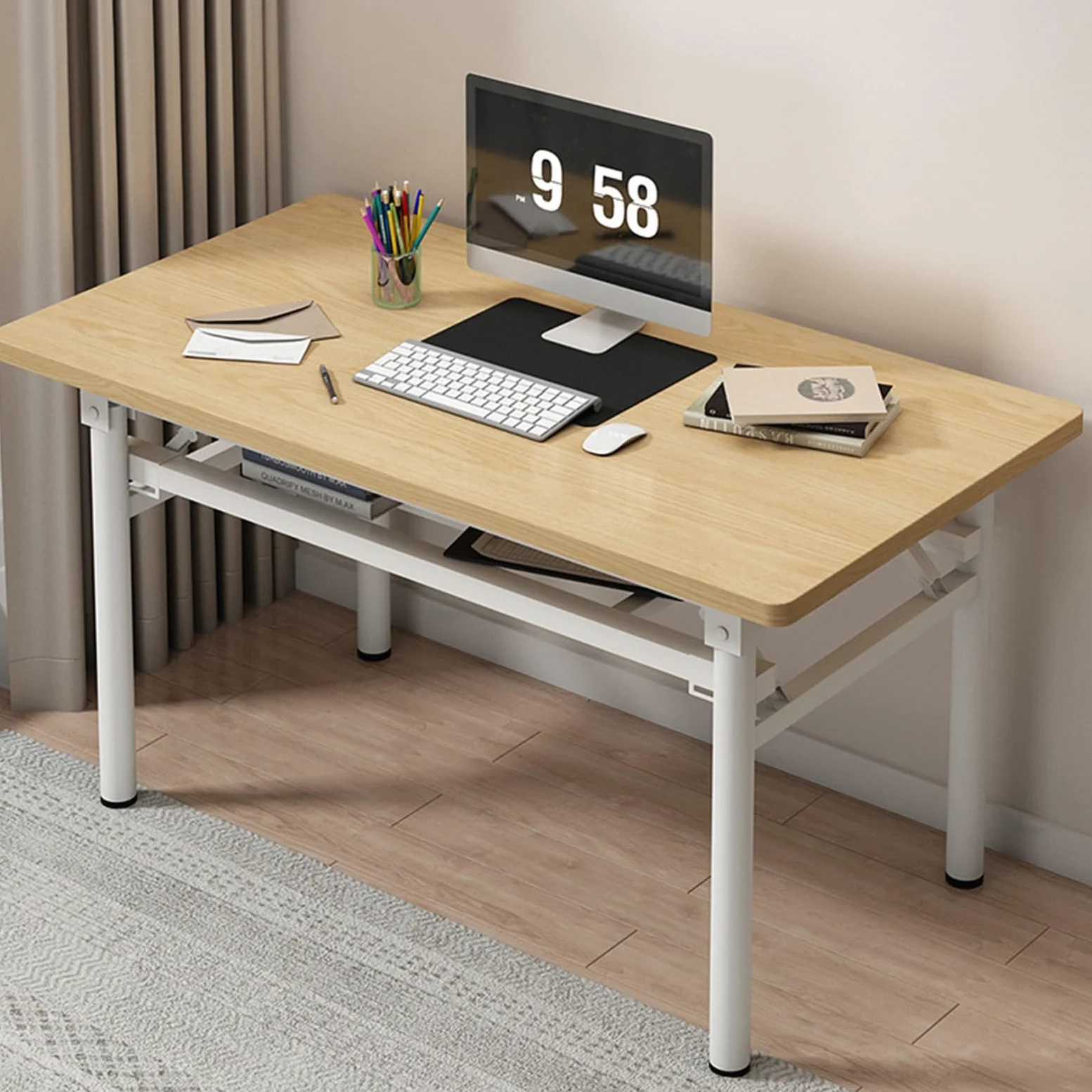 Tavoli Pieghevoli Per Sale Conferenze, Scrivania Mobile, Tavoli da Lavoro con Struttura in Metallo, Study Table con Doppio Ripiano per Piccoli Spazi, Senza Montaggio Richiesto(Beige,120x40x75cm/47x16x