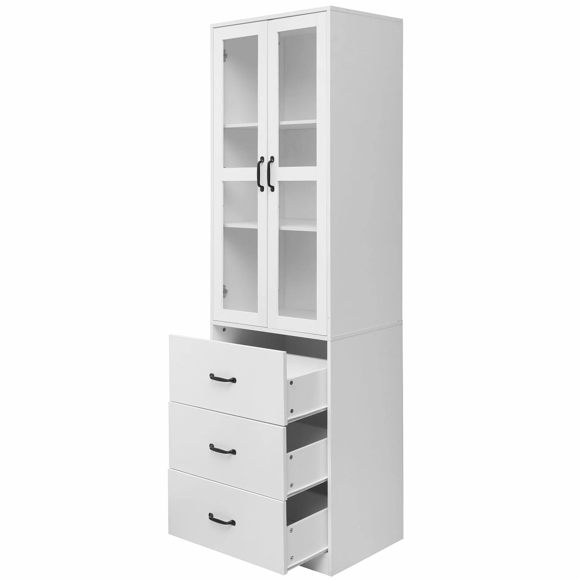 Vetrina bianca alta 200 cm, vetrina con 2 ante in vetro e 2 divisori mobili, 3 cassetti, illuminazione a LED - un'aggiunta elegante alla tua collezione!