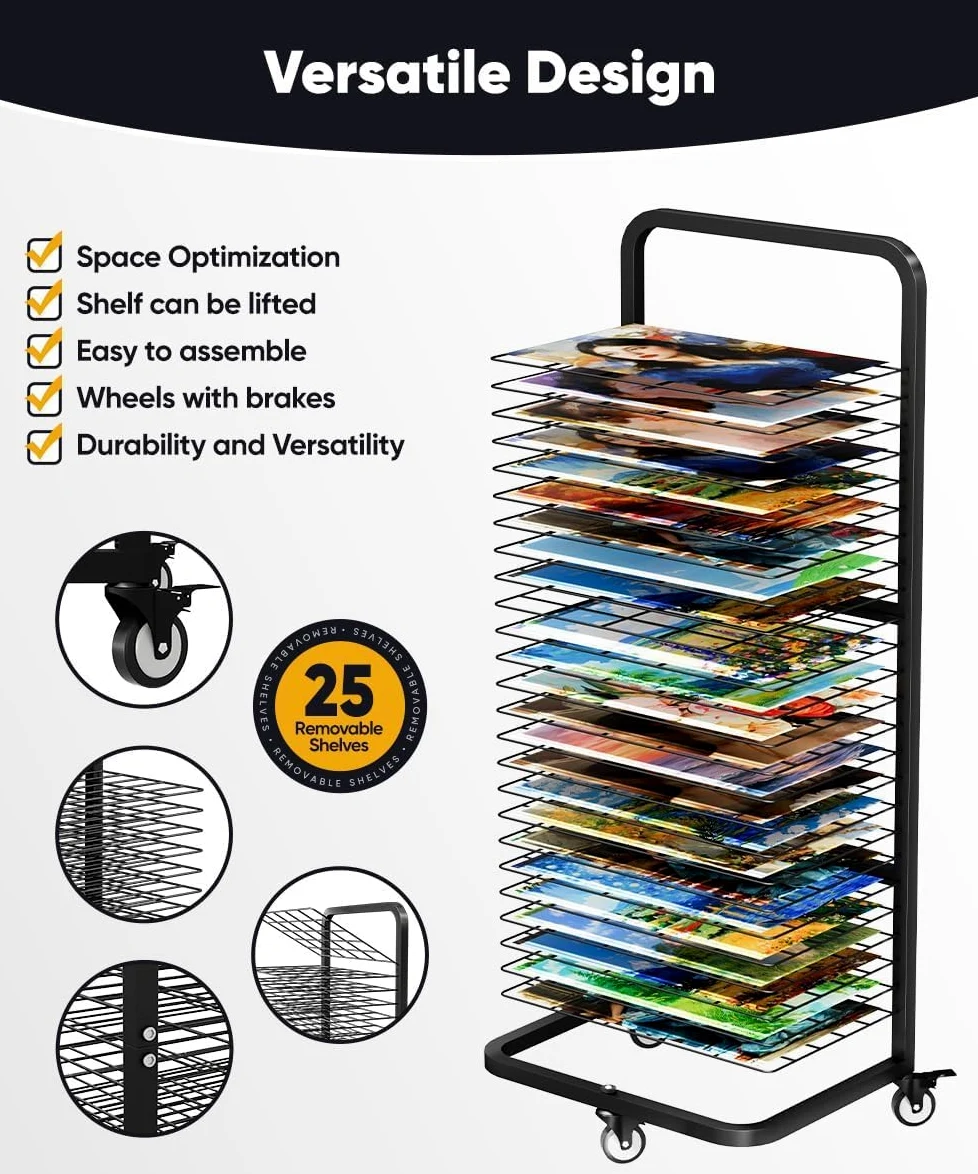Garbuildman Stendibiancheria resistente per dipinti, supporto in metallo con 25 ripiani rimovibili, scaffale mobile in tela con ruote bloccabili per aule e studi artistici, nero