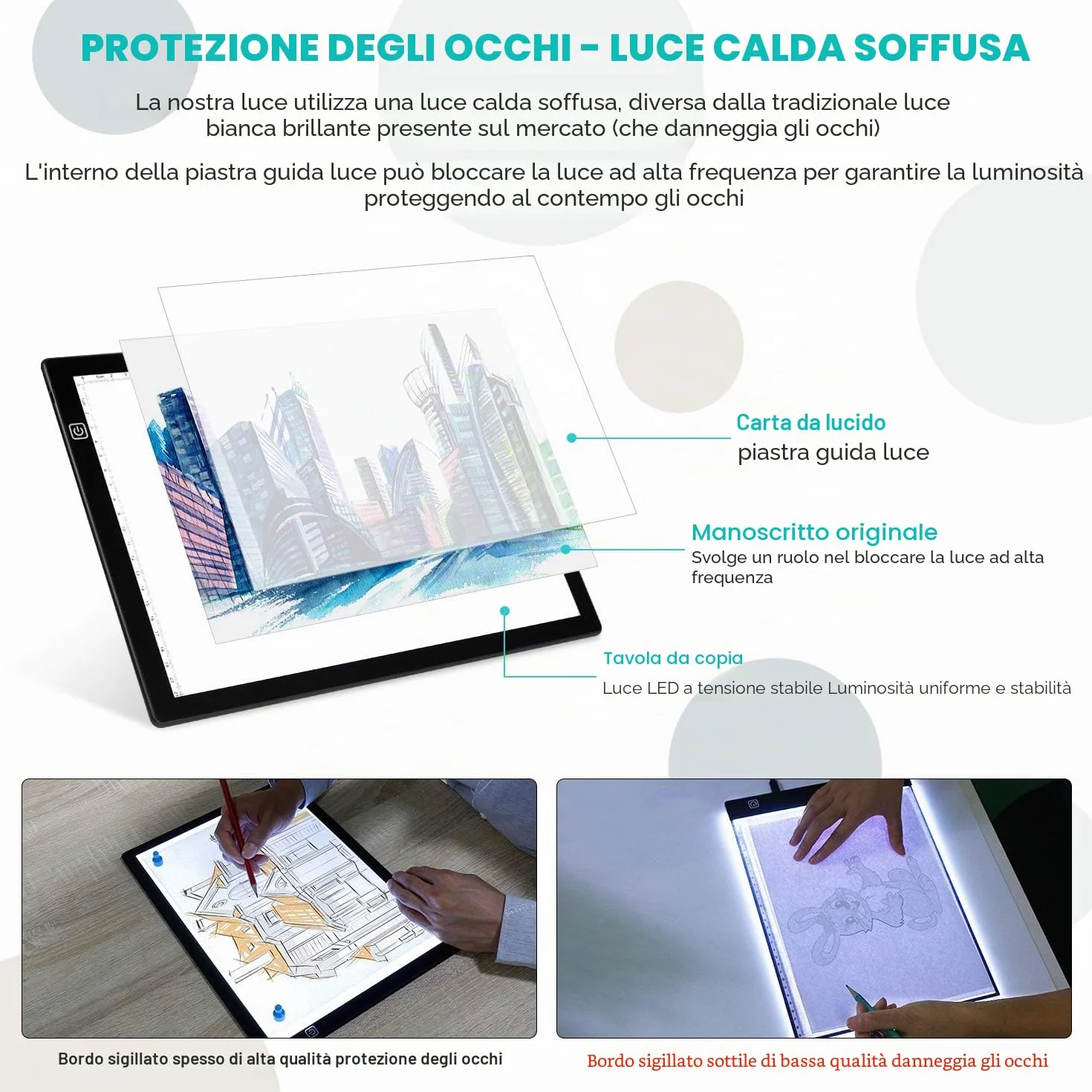 Tavolo luminoso per disegno A4 LED con 3 modalità di illuminazione, Light Pad ultra sottile touch