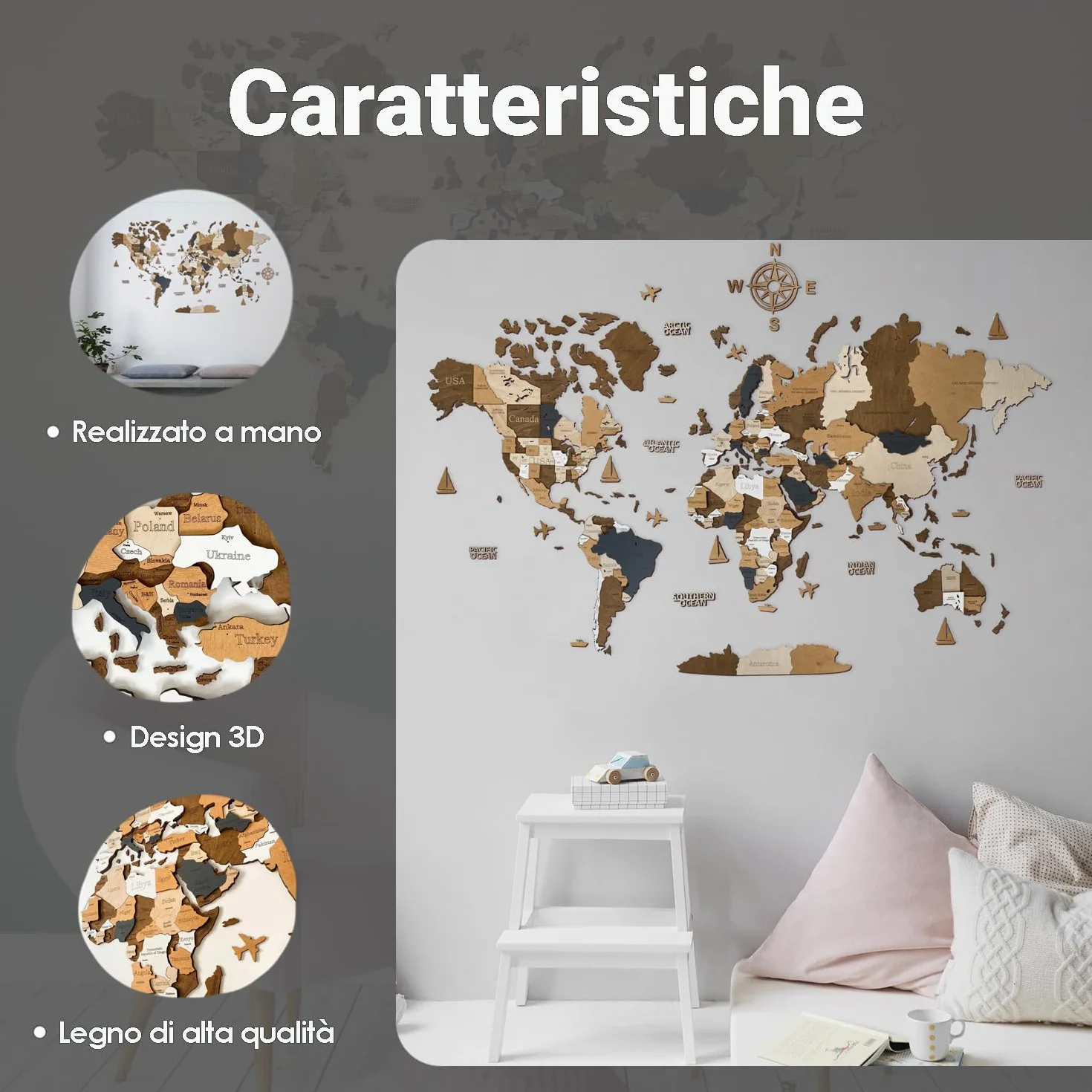 WoodLeo Mappamondo in legno (in italiano) - Decorazione murale in 3D - Dimensioni della mappa (M, L, XL) Idea regalo per ogni occasione - Arte da parete per la casa