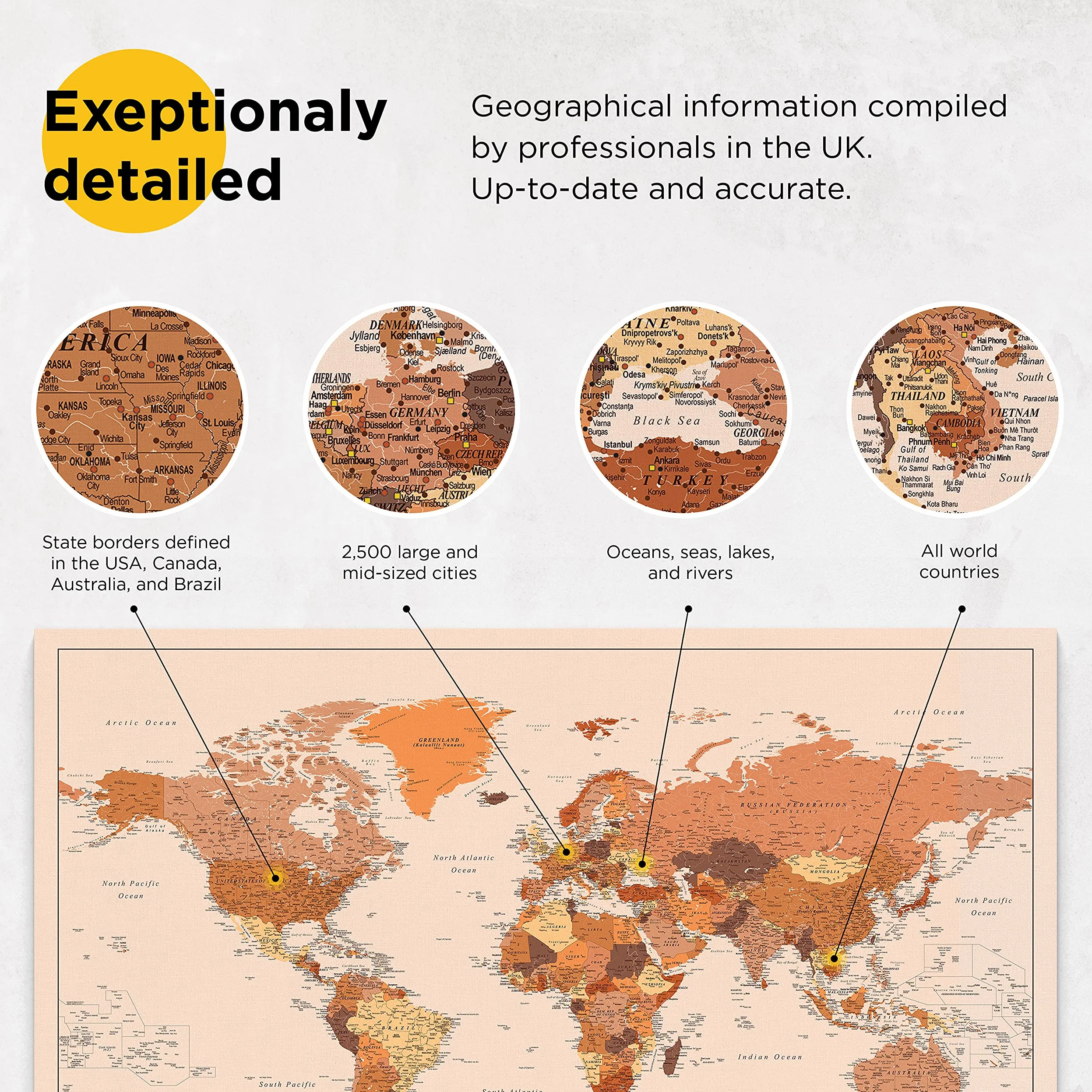 Trip Map Planisfero da Parete – Mappa del mondo - Quadro su tela incorniciato con 100 puntine incluse – Cartina geografica mondo in Marrone - 100x70 / 120x80 / 150x100 cm dimensioni