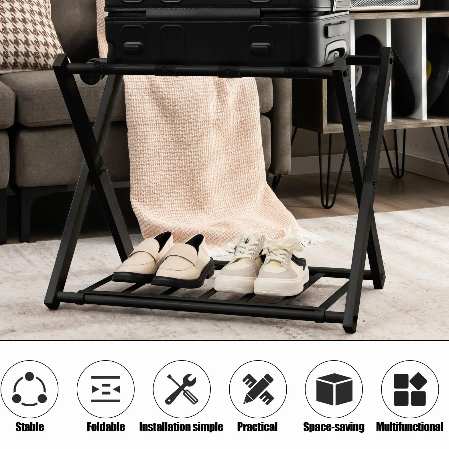 HOMASIS 2 Portavaligie Pieghevole 2 Sgabelli Reggivaligia in Metallo 68 x 43 x 56 Nero