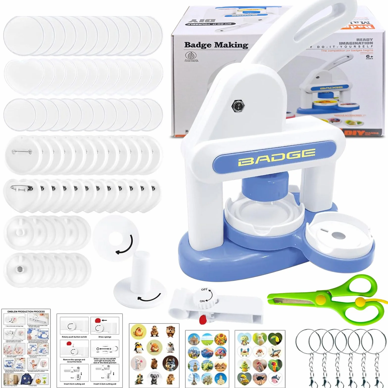 Macchina per Spille, 3IN1 Button Maker Badge Machine Blu Macchina da Stampa per Badge, Stampanti Badge 55/40MM Spille Personalizzate kit Portachiavi Fai Da Te per Regali di Compleanno e Natale