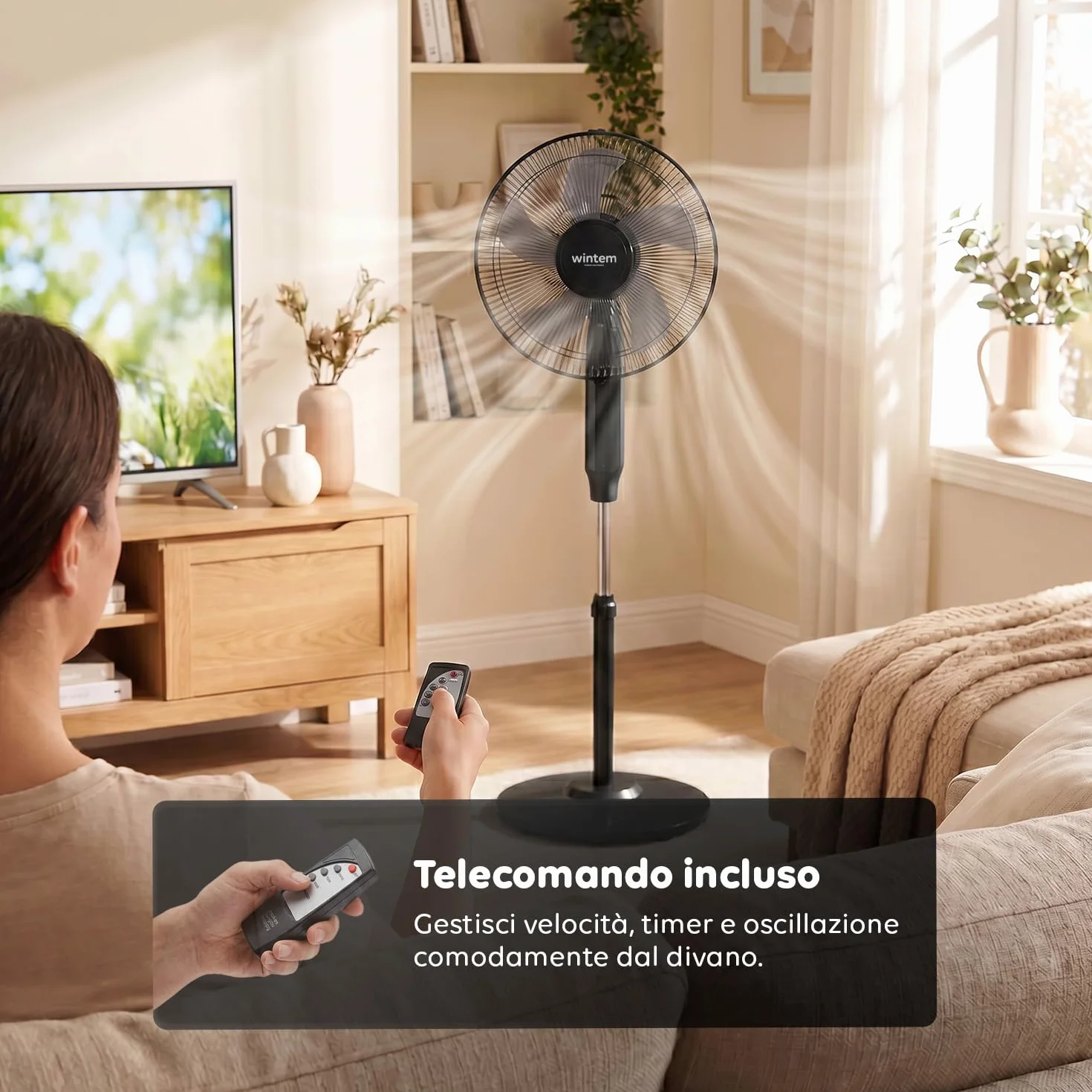 Wintem - Ventilatore a Piantana 40 cm con Telecomando – Altezza Regolabile da 125 a 135 cm – 6 Velocità, Timer 7,5H e Comandi Touch – Piantana Silenziosa 40W (Nero)