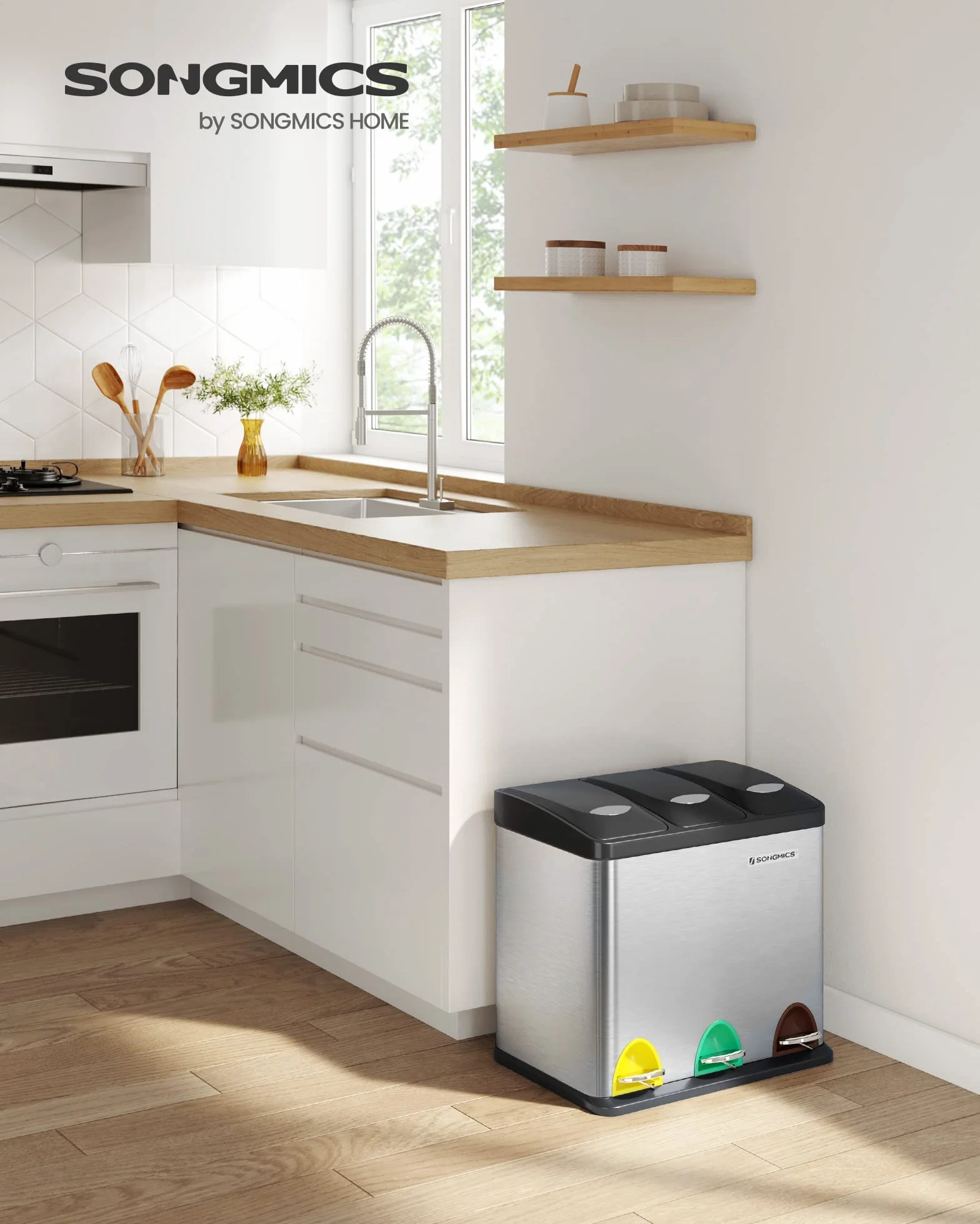 SONGMICS Cestino per Rifiuti da Cucina, 3 x 8 L Pattumiera Differenziata Piccolo Volume, Cestino Triplo in Acciaio, Pedali e Secchi Interni, Facile da Pulire, Argento e Nero LTB24L