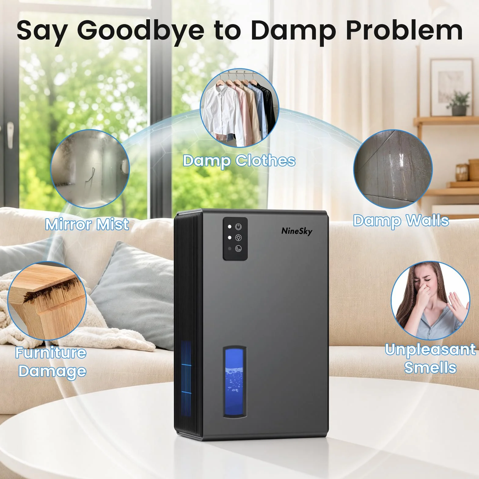 NineSky Deumidificatori per la casa, 1000 mq, deumidificatore con serbatoio dell'acqua da 2,7 l, deumidificatore silenzioso per cantina, bagno, camera da letto, con luce ambientale a 7 colori e