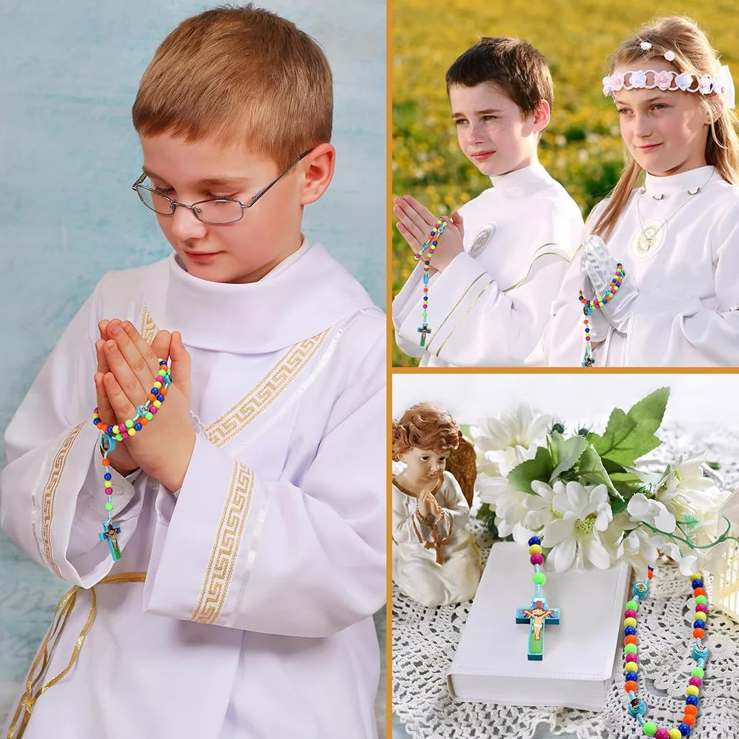 2 Pezzi Rosario con perline colorate, rosario per imparare a pregare, per bambini, con sacchetto regalo in velluto, regalo per Pasqua e battesimo cattolico