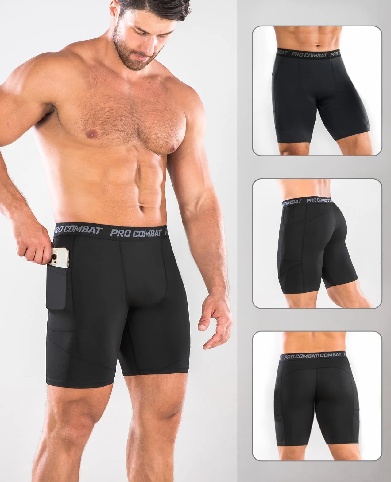 Pantaloncini Compressione Uomo Fitness con Tasca per Cellulare