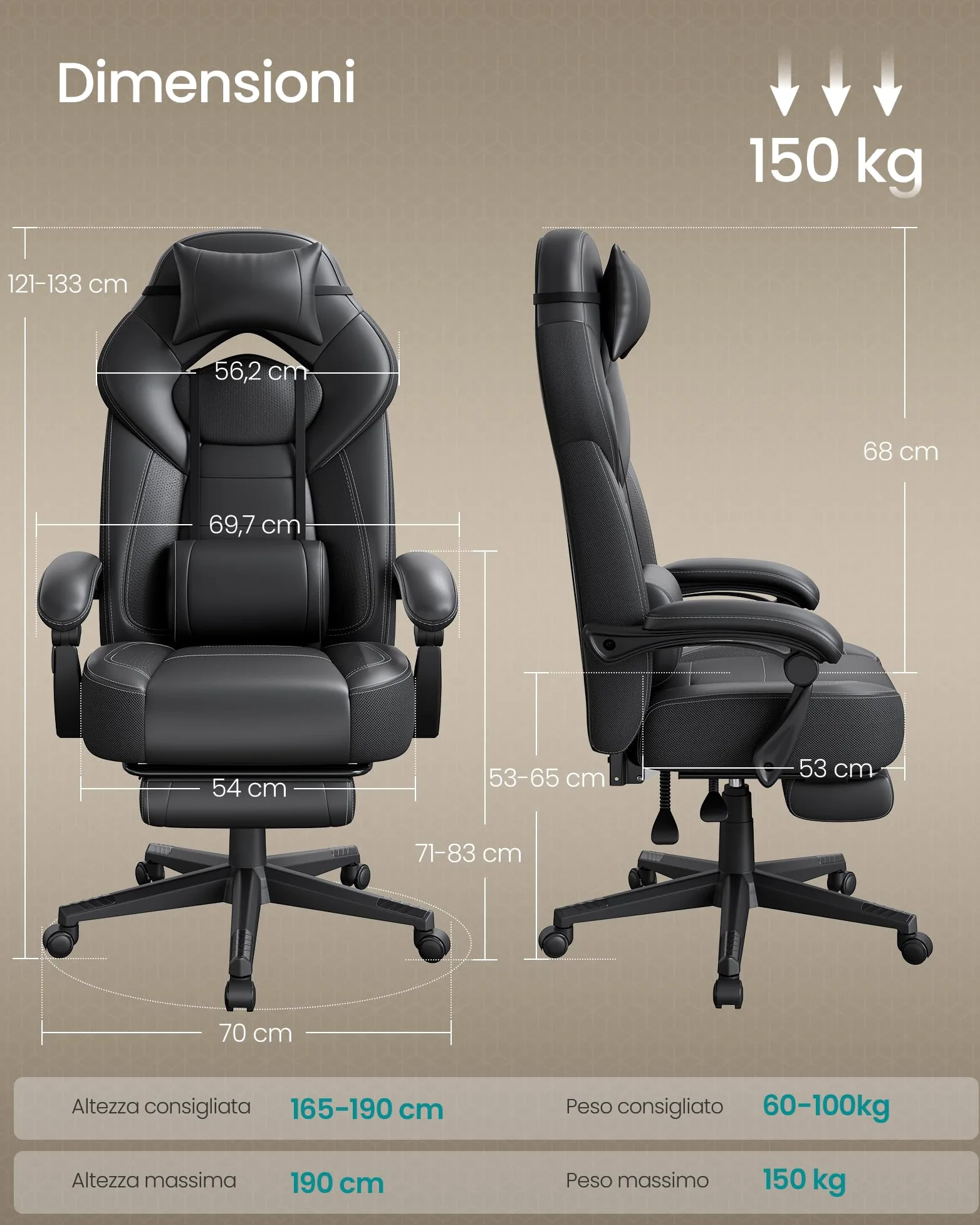 SONGMICS Sedia Gaming, Sedia Ufficio Scrivania, Ergonomico, con Poggiapiedi, Poggiatesta Regolabile, Cuscino Lombare, Portata 150 kg, Nero OBG077B01