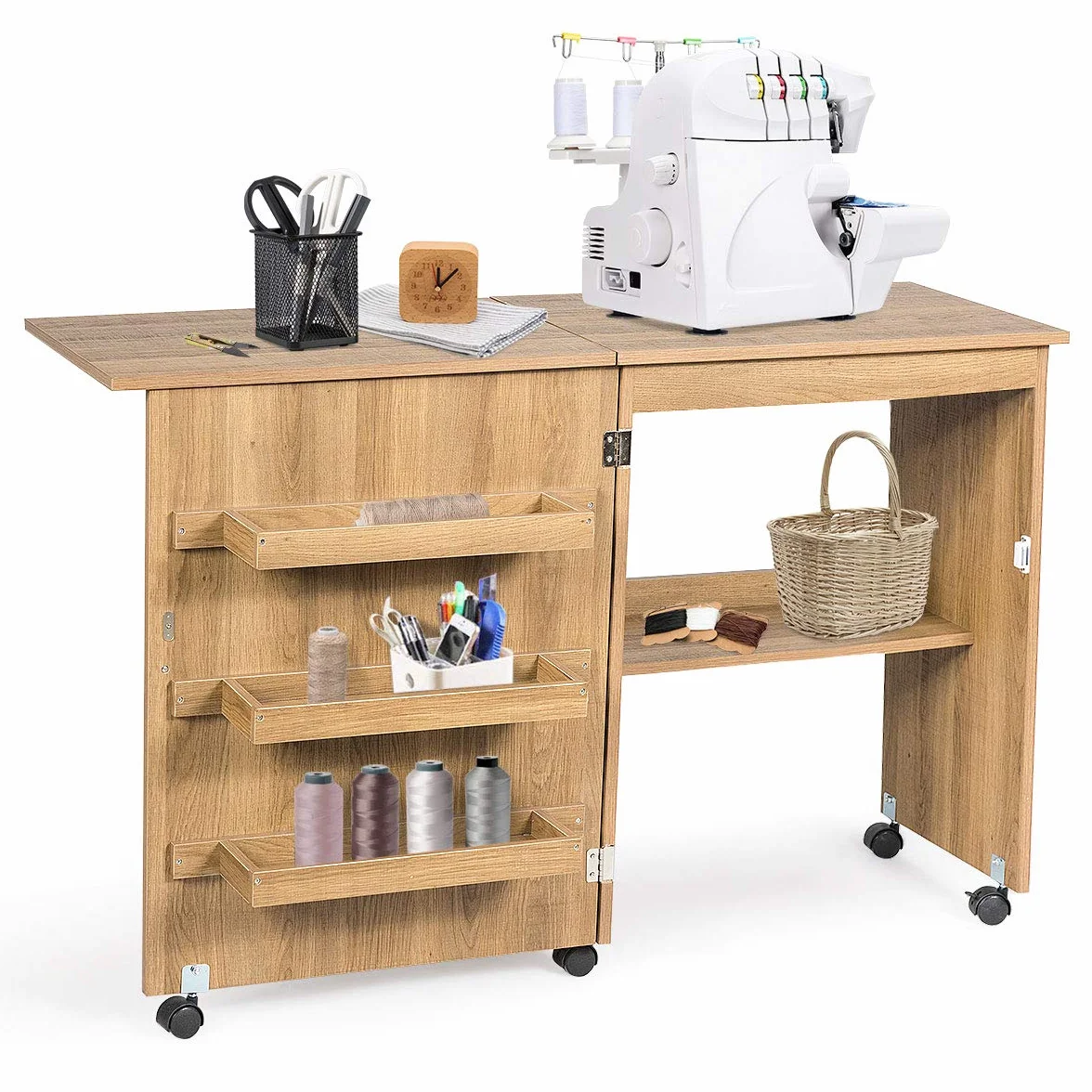 GOPLUS Mobiletto Cucito Pieghevole con Mensole e 5 Ruote Armadietto per Cucito Tavolo Allungabile per Macchina da Cucire 117x77x40 cm (Legno)