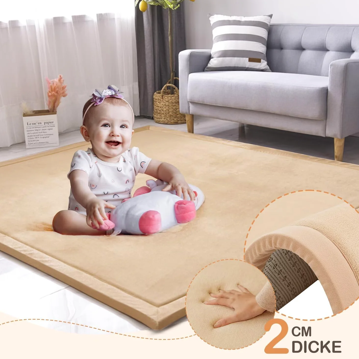 Tappeto di Velluto Corallo Ispessimento per Bambini, Coperta Strisciante Morbida, Tatami Antiscivolo (Marrone Chiaro, 200 * 220CM)