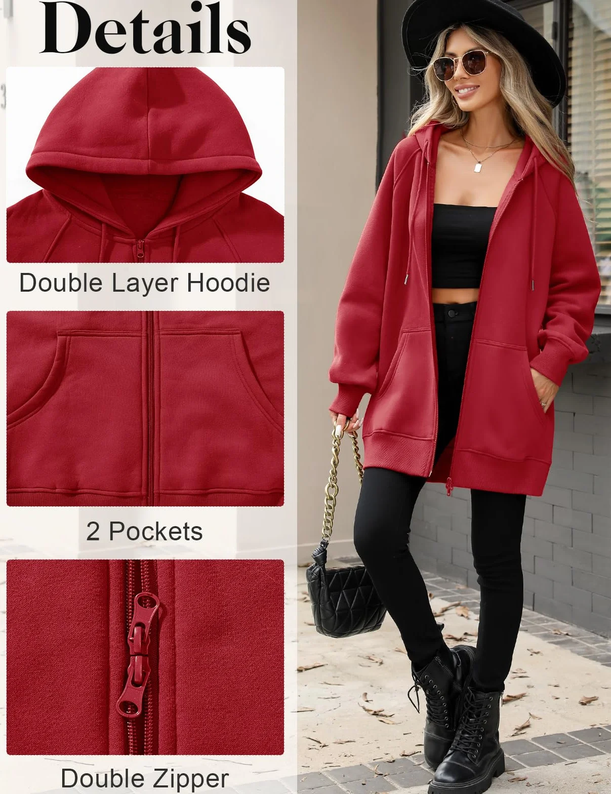 CMTOP Felpa Donna con Zip Lunga in Pile Casual Cotone Felpa con Cappuccio a Manica Lunga, Tinta Unita Classica Basic Felpe, Autunno Primavera Hoodie Sweatshirt con Tasche