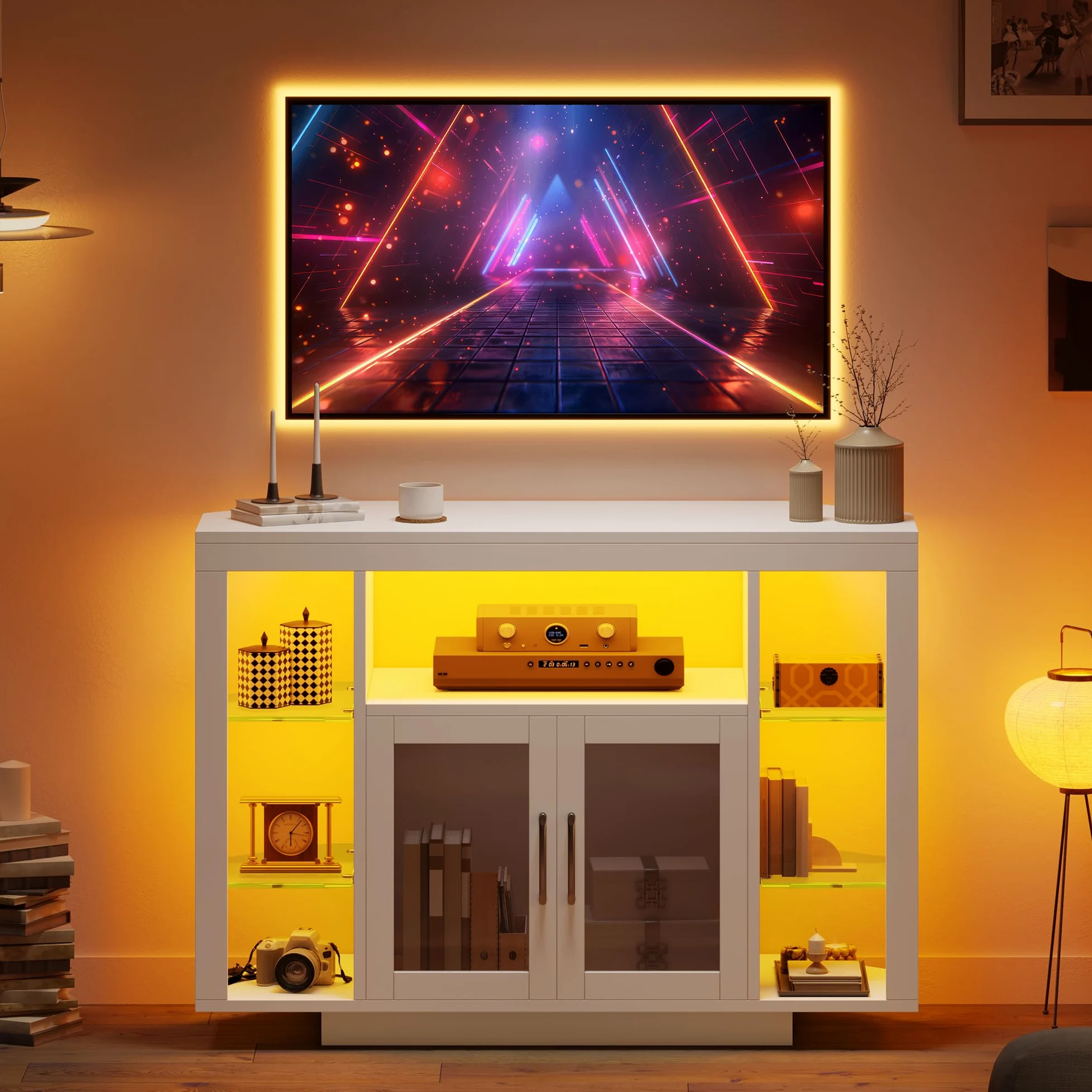 YITAHOME 100CM Mobile TV ad Angolo con illuminazione RGB LED, unità TV angolare per TV fino a 55 pollici con 7 scaffali Open Gaming Entertainment Center