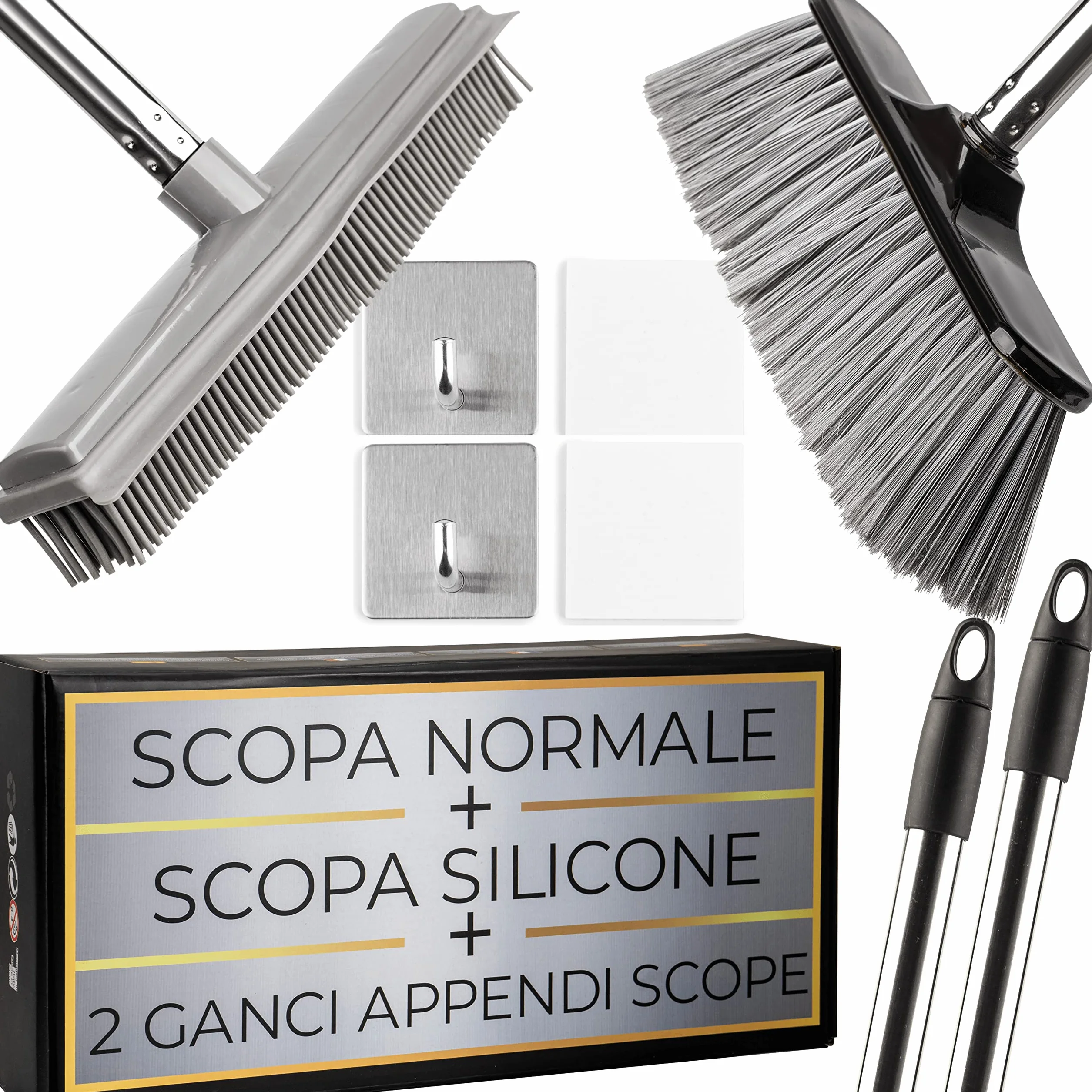 Kit Scopa in Silicone per Pavimenti con 2 Manici e 2 Appendi Scope