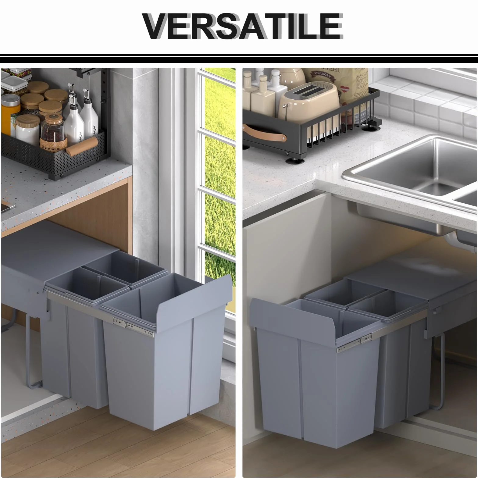 HOMCOM Pattumiera Estraibile da 40L con 3 Contenitori per Raccolta Differenziata, Cestino Spazzatura in Acciaio, ABS e PP, 48x34.2x41.8 cm, Grigio