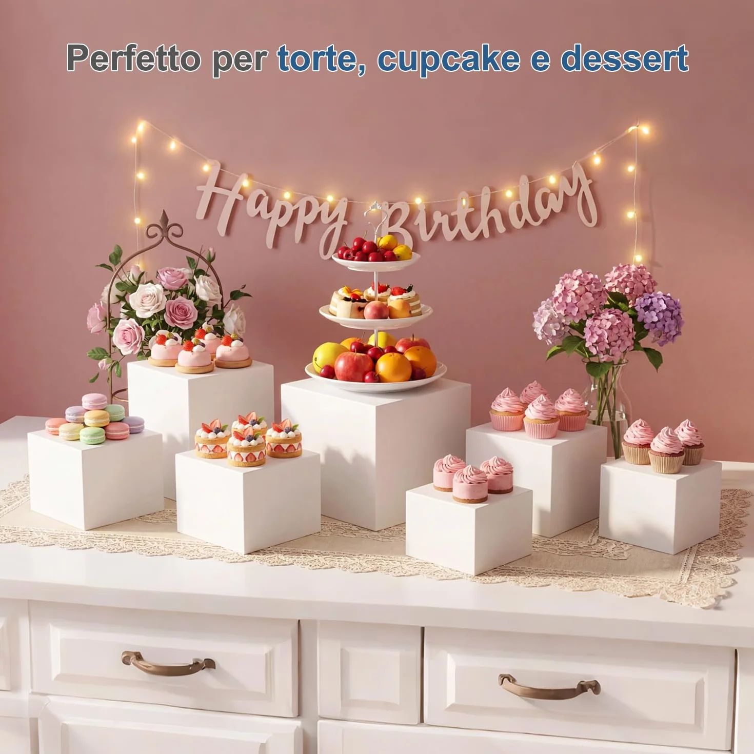 FUSHITON 6 Pezzi Alzata per Dessert in Plastica Bianca, Supporti di Presentazione per Buffet - Cubi Espositivi a 5 Facce Impilabili per Pasticceria, Decorazione, Negozio (6 Dimensioni Diverse)