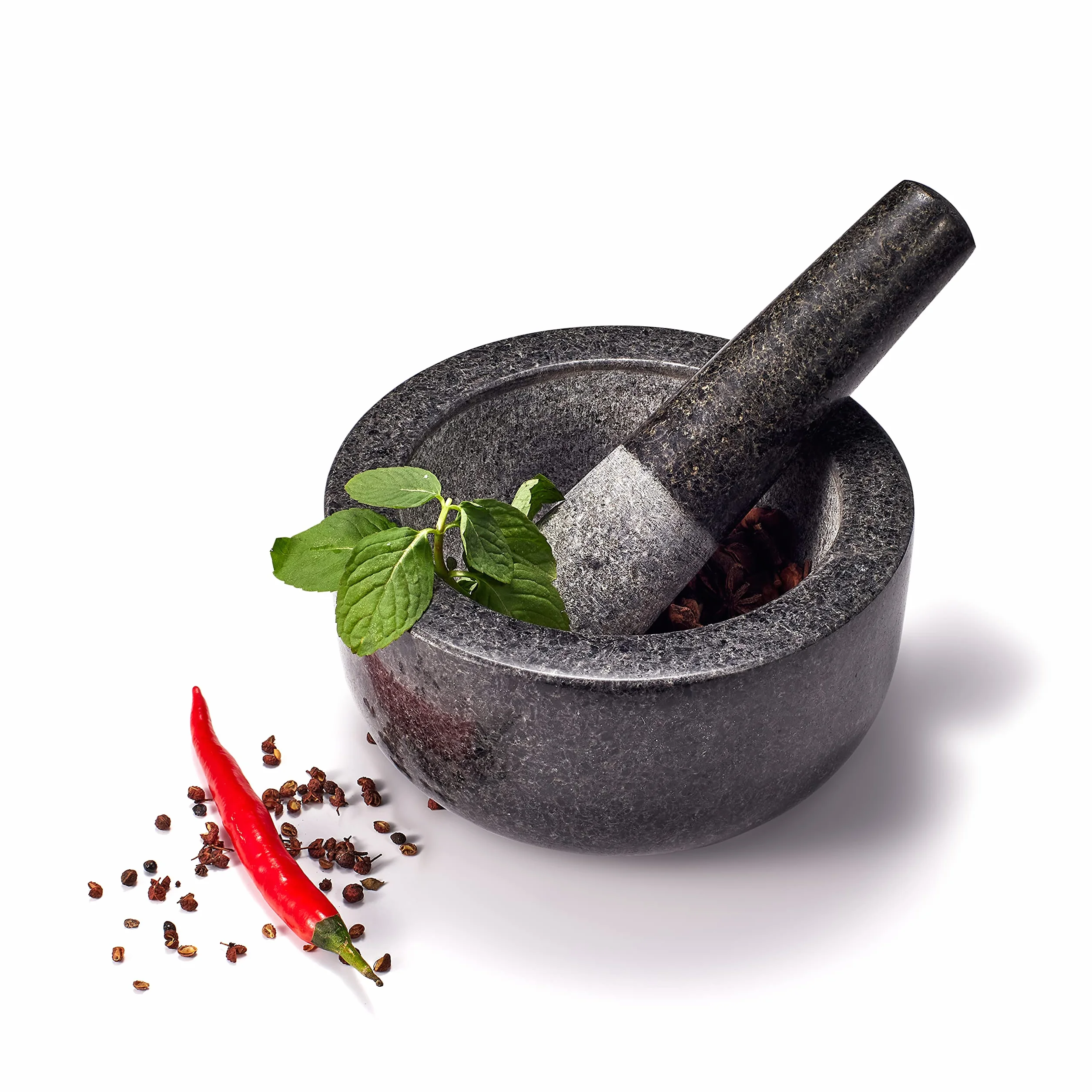 Set mortaio e pestello in granito, mortaio in pietra di grandi dimensioni, mortaio per spezie, pesto ed erbe, pestello con mazzuolo, diametro 16 cm