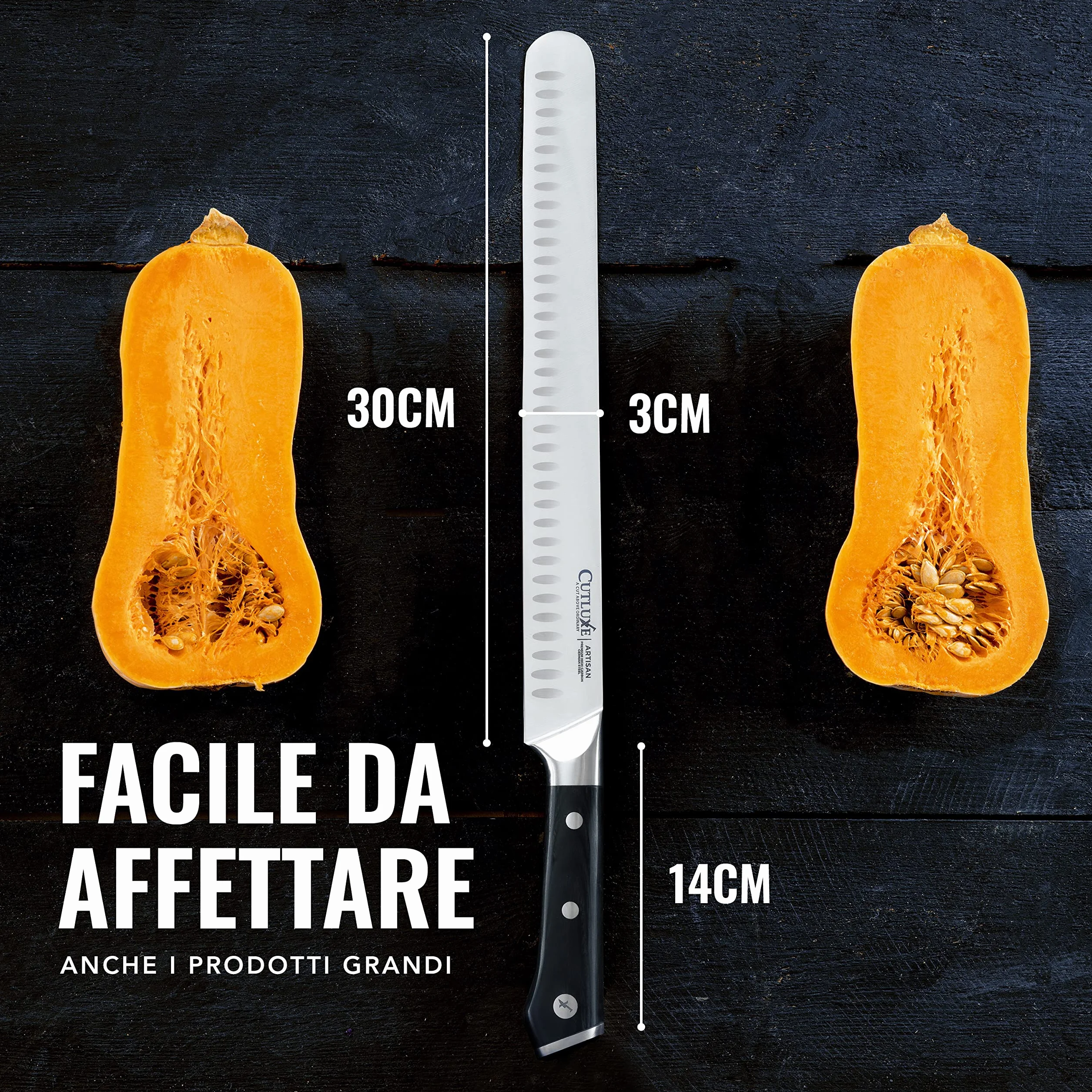 Cutluxe Coltello da Prosciutto Professionale - 30cm Coltello per Affettare Salumi e Carne - Acciaio al Carbonio, Lama Affilata e Resistente con fodero - Artisan Series