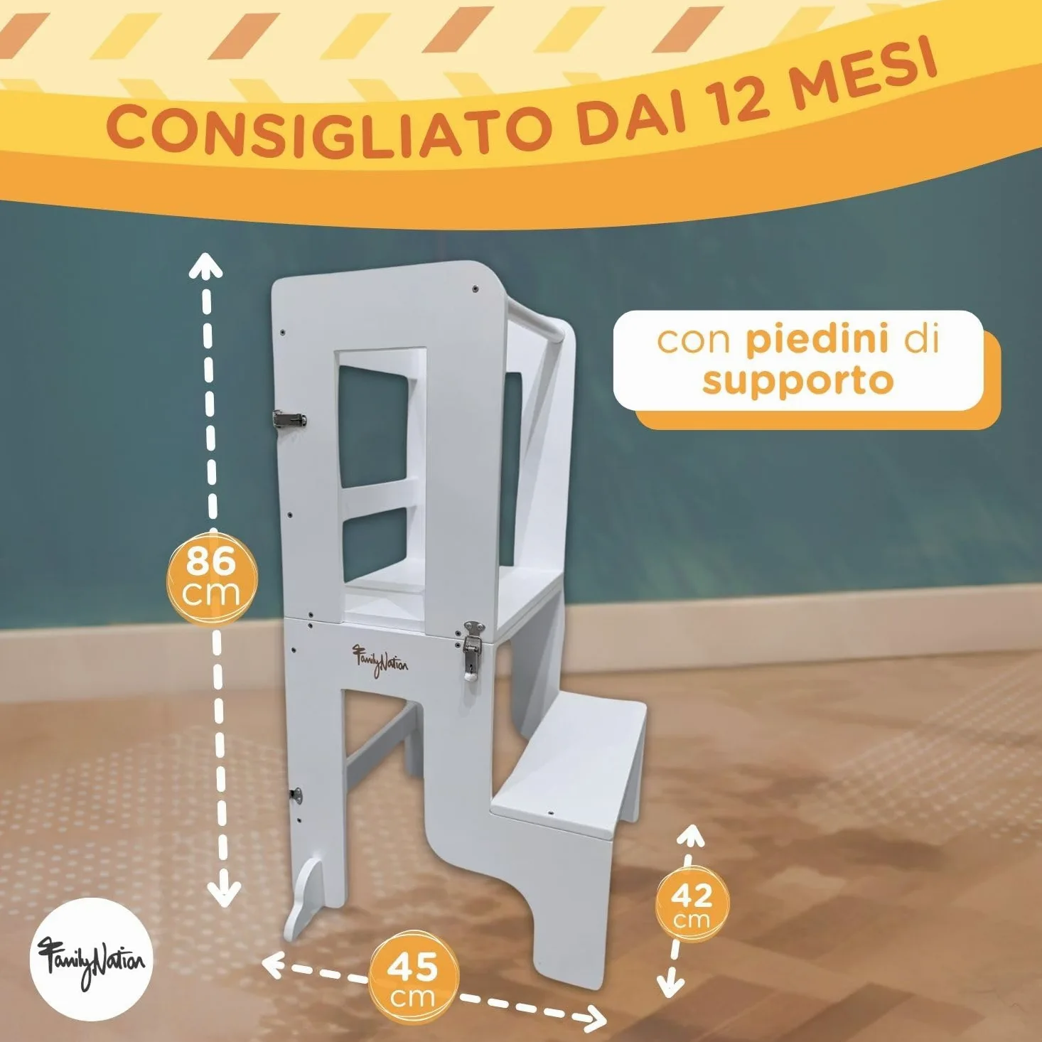 Family Nation, Torre Montessoriana 2 in 1, Convertibile in Tavolo e Sedia, per Bambini da 1 Anno di Età, Struttura in Legno con Supporto Extra, Bianca, 42x45x86 cm