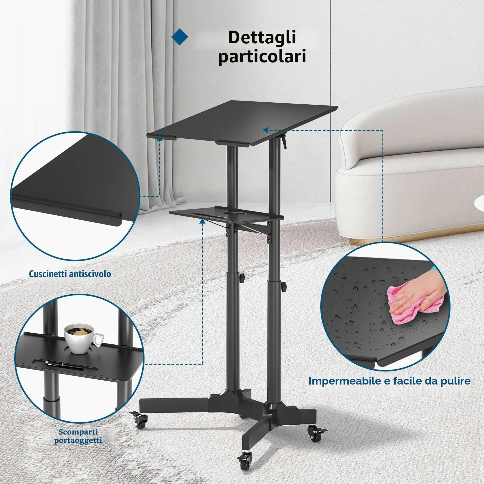 BONTEC Tavolino da Laptop, Tavolino Porta PC con Ruote Bloccabili e Piano Inclinabile, Altezza Regolabile, per Lavoro Studio Tavolo del Computer Spostabile,Nero