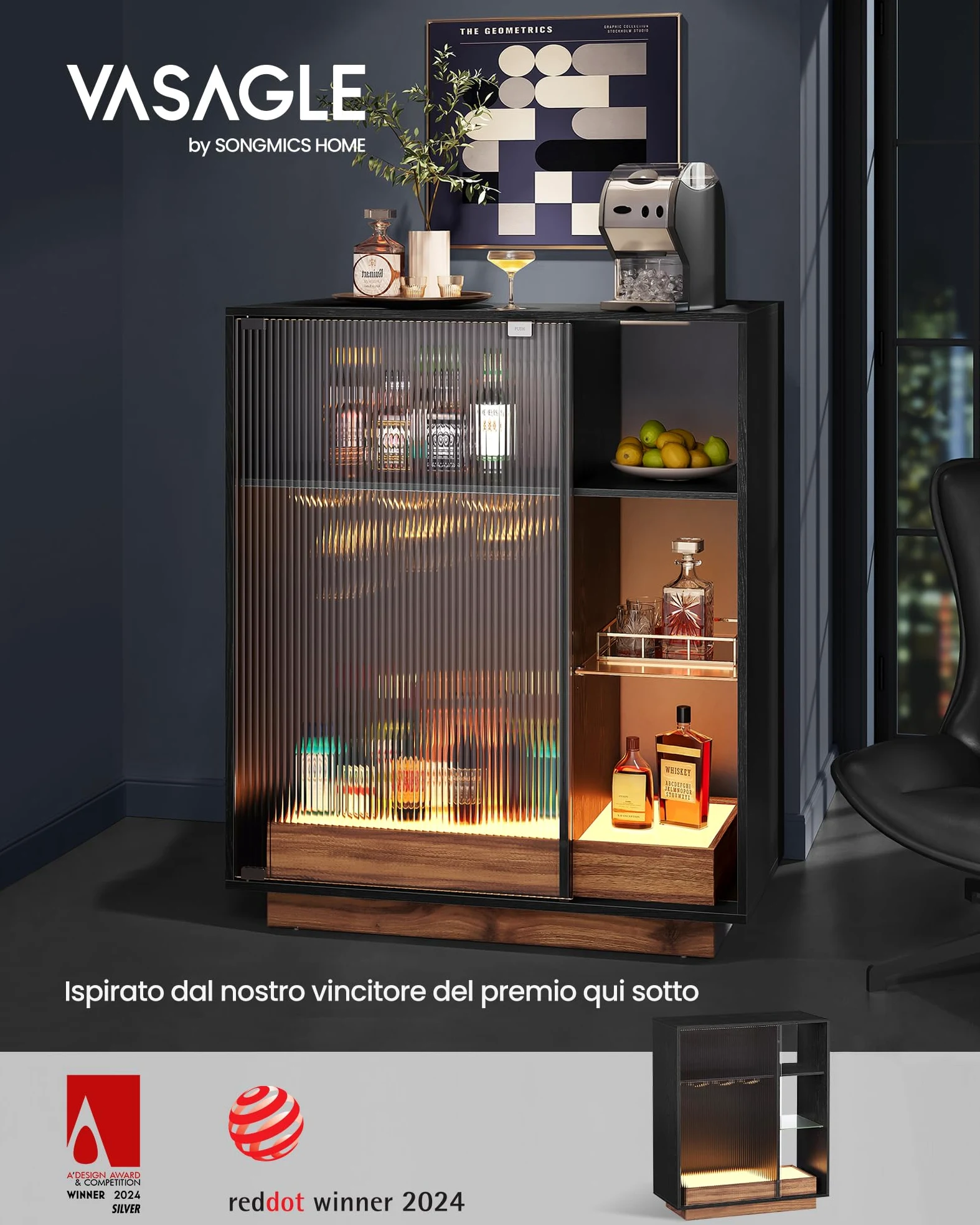 VASAGLE Mobiletto Bar con Illuminazione, Credenza con Luce LED e Spazio per Vino, Angolo Bar per Liquore, con Porta Calici, Anta in Vetro Scanalato, per Salotto, Nero Ebano BBK361B21