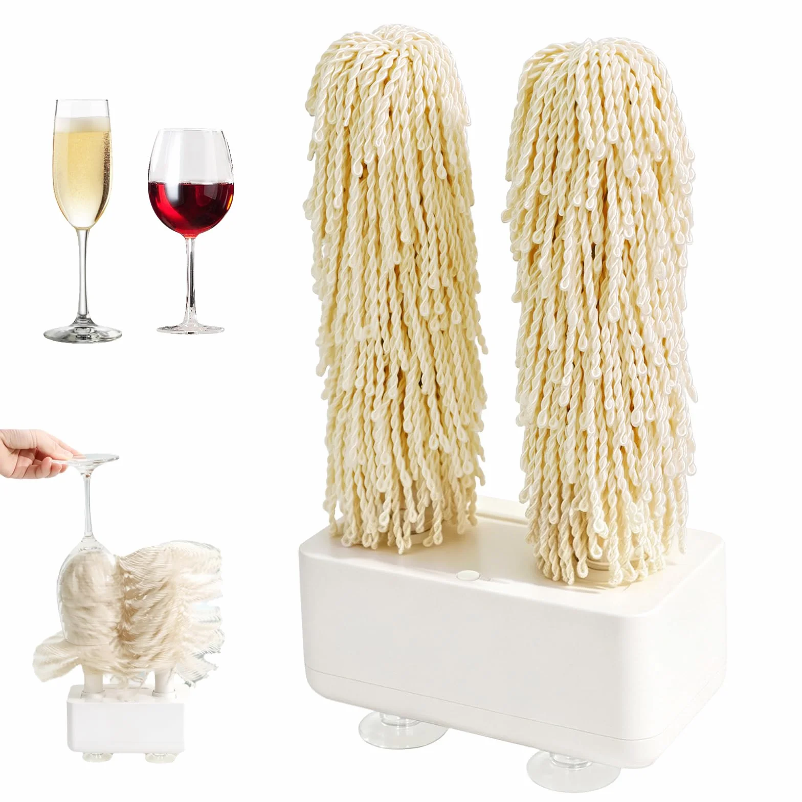 Lucidatore Elettrico per Bicchieri da Vino 600 Giri/min 2 Spazzole Potente Ventosa Asciugatore Compatto Bianco