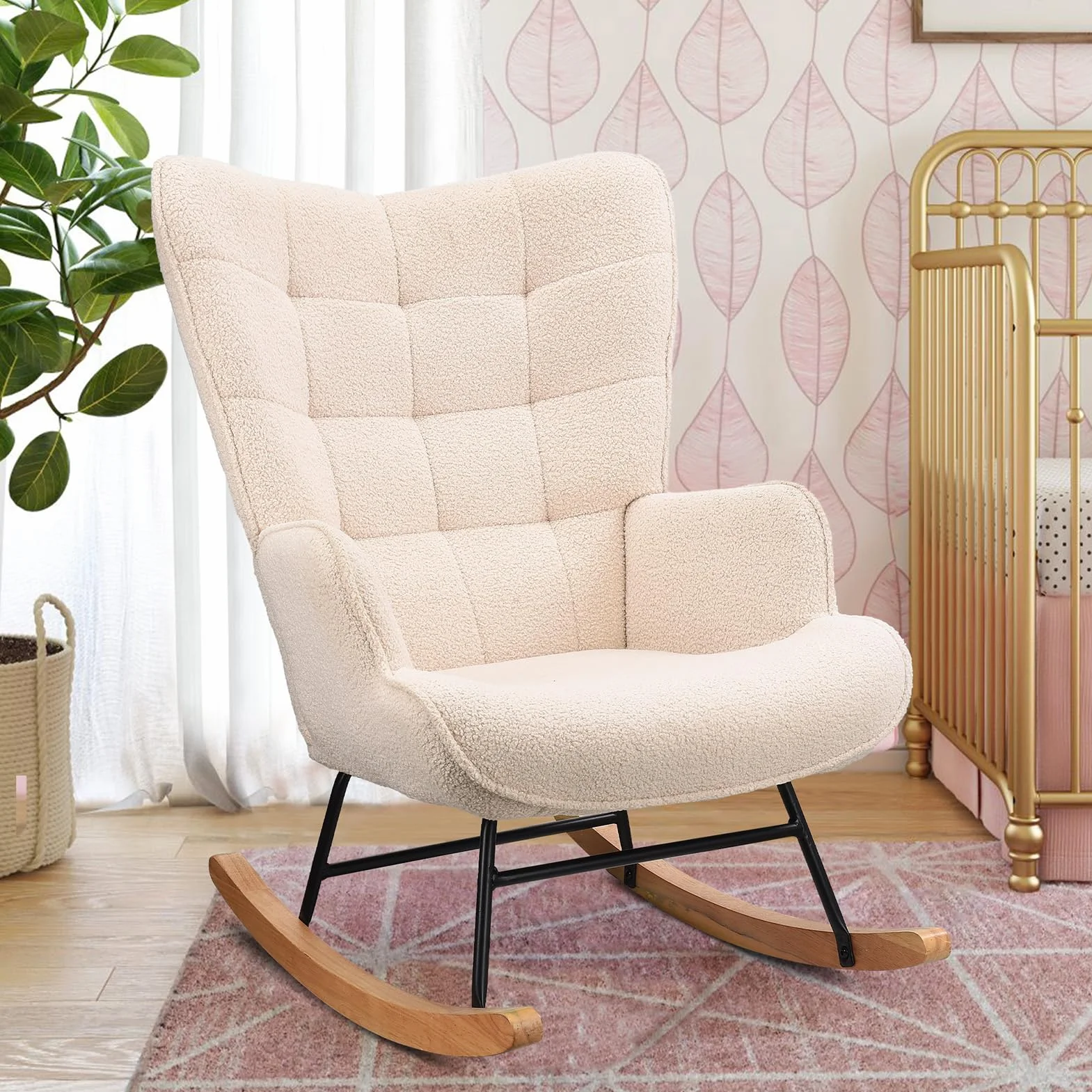 KeepGoon - Poltrona a dondolo, sedia relax oscillante, poltrona per soggiorno, per camera da letto, in velluto Teddy, con schienale a quadretti (beige)