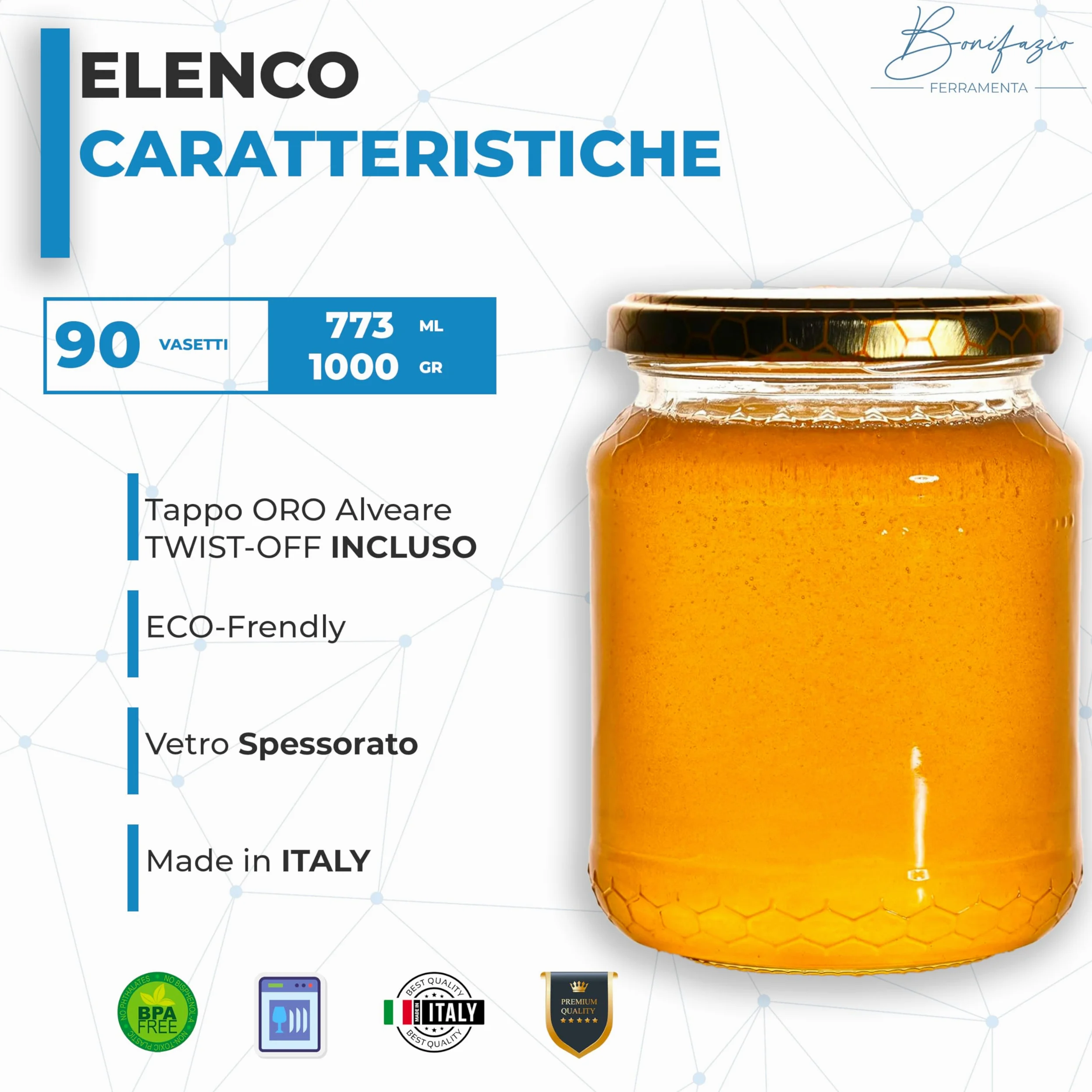Set Completo di 90 Barattoli - Vasetti da 773ml - 1Kg con Tappo Color Oro, Vaso Ideale per la Conservazione di Miele Marmellata e Altri Alimenti (90 pezzi da 773ml - 1Kg)