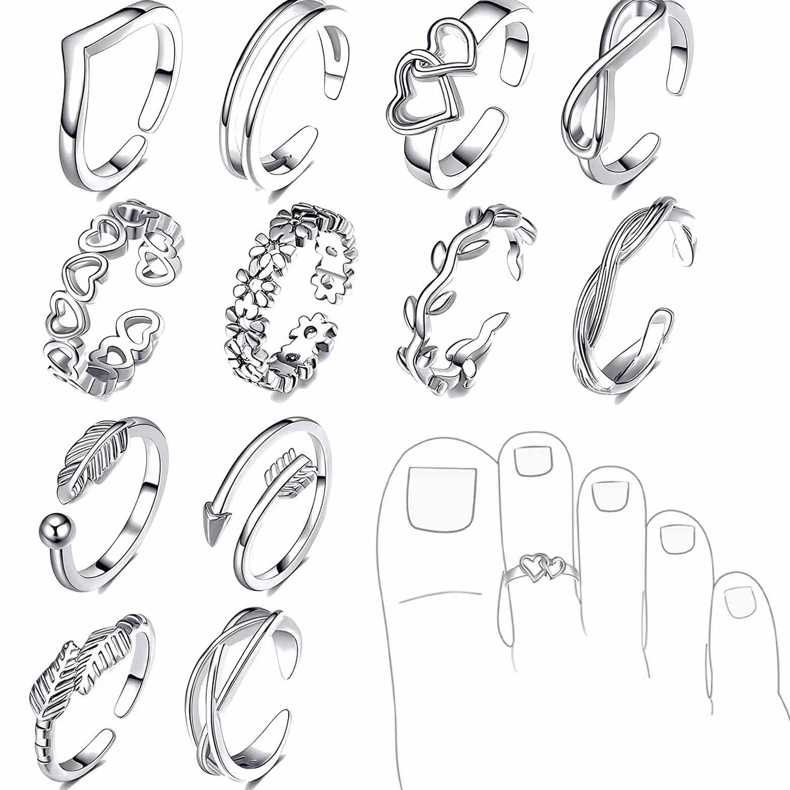 Anello in acciaio inossidabile da donna regolabile ipoallergenico open toe coda fiore set gioielli anello per il piede