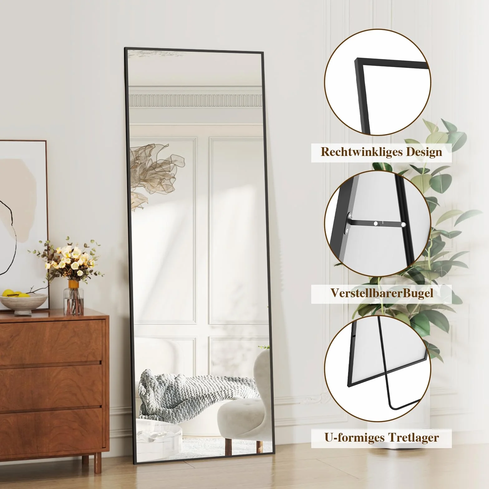 161 x 52 cm Specchio da Terra, Specchio a Figura Intera Rettangolare, Cornice in Lega di Alluminio, Specchio da Parete per Soggiorno, Camera da letto