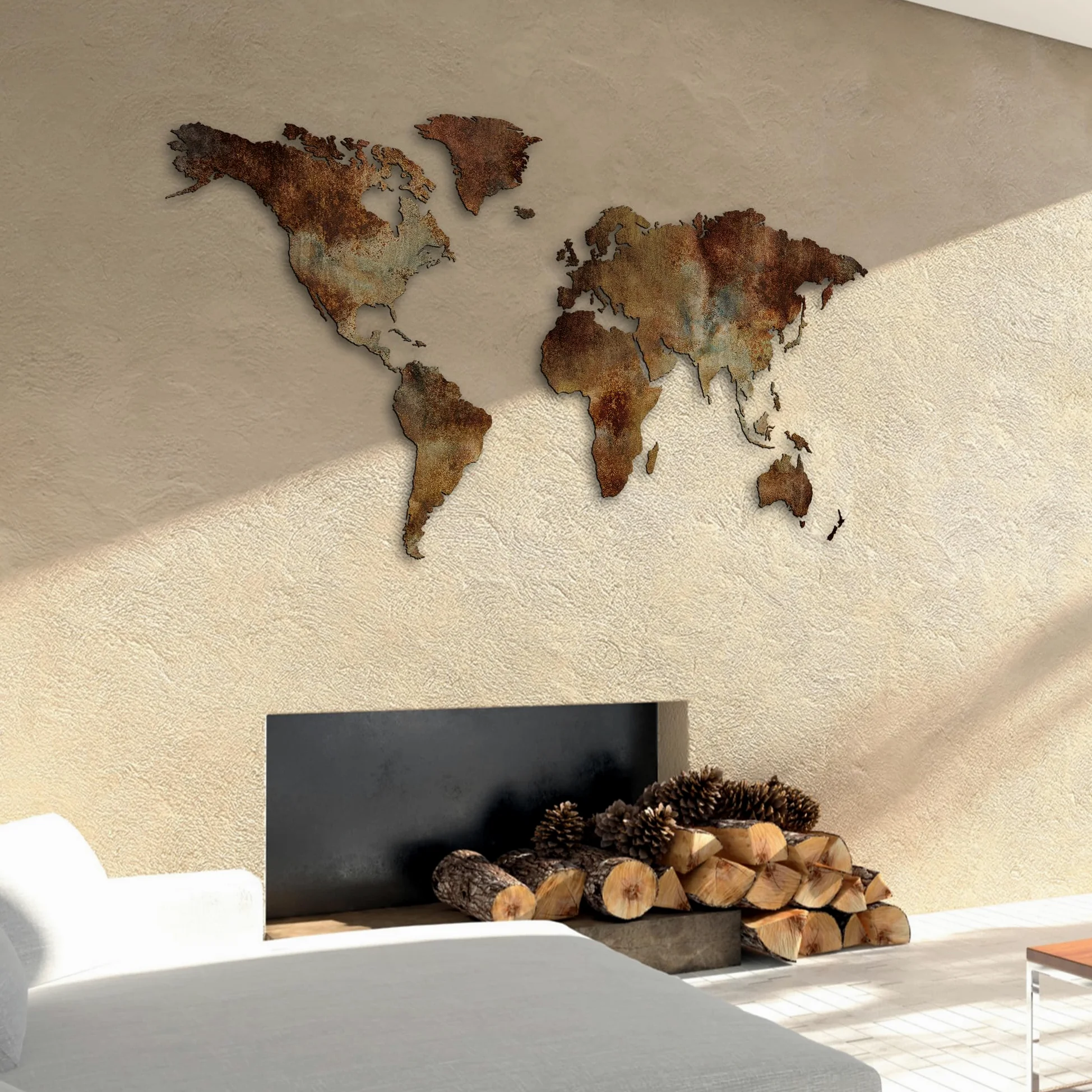Giallobus - MAPPA DEL MONDO - DECORAZIONE DA PARETE IN LEGNO MDF (MDF metal effetto ruggine, 130L x 72l cm)