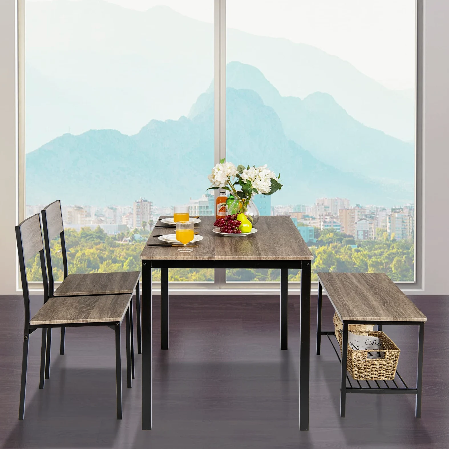 COSTWAY Set Tavolo e Sedie da Cucina 4 Pezzi, Tavolo da Pranzo con 2 Sedie e 1 Panca, Set Mobili da Cucina Salvaspazio con 4 Posti, per Sala da Pranzo e Soggiorno (Rovere grigio)