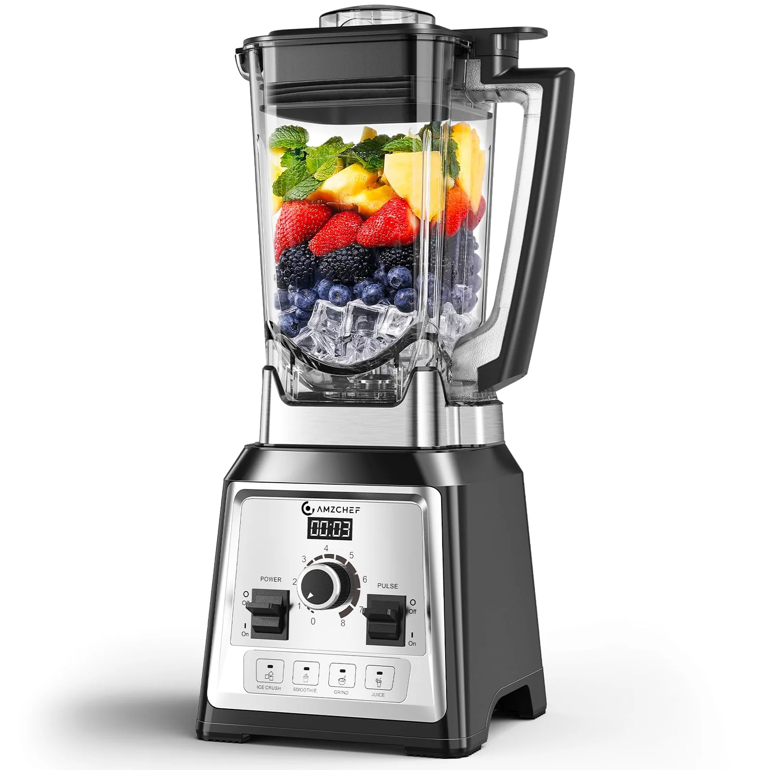 AMZCHEF Frullatore da 2000 Watt, 2 litri, frullatore potente con 8 velocità regolabili e 4 programmi preliminari per ghiaccio tritato, frullati, frullatore per carne, senza BPA