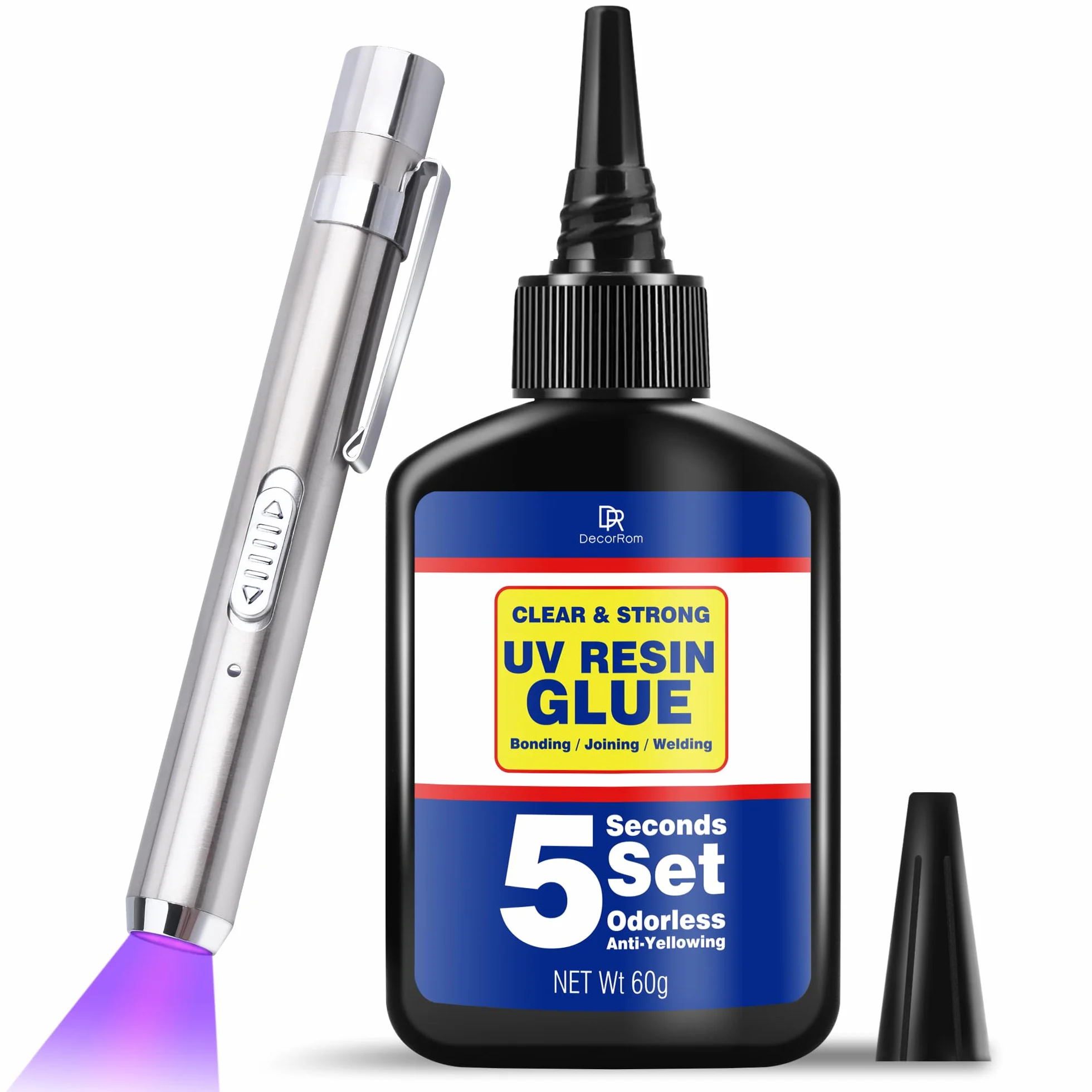 Kit Resina UV 60g con Luce 395nm - Colla UV Professionale per Gioielli, Riparazioni Plastica/Vetro - Polimerizzazione in Secondi, Adesione Forte Senza Bolle - Ideale per DIY e Lavorazioni Artigianali