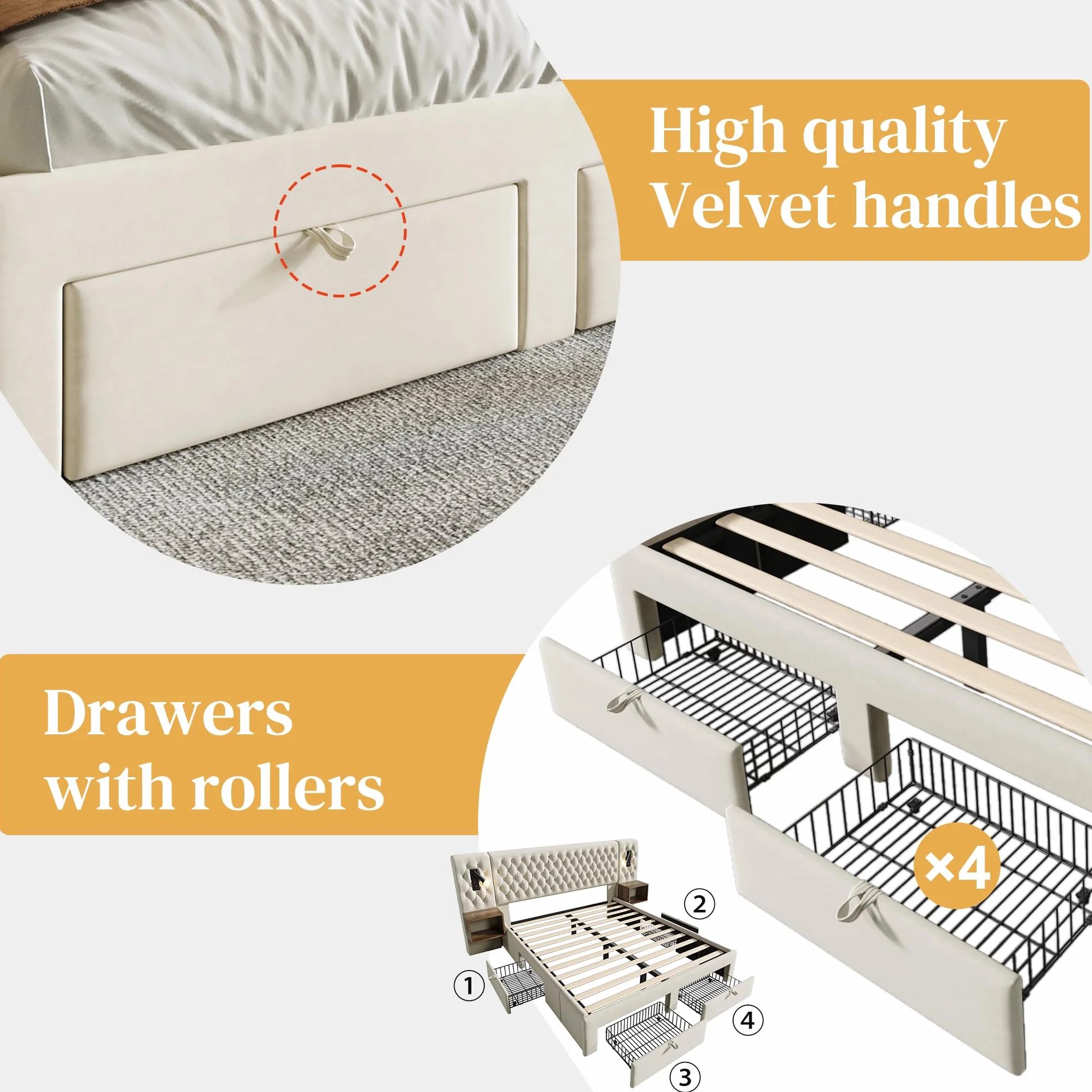 Idemon Set completo per camera da letto, letto matrimoniale, 160 x 200 cm, con 2 comodini e 4 cassetti, testiera con funzione di ricarica USB, 243 x 211 x 106 cm, velluto (senza materasso) (beige)