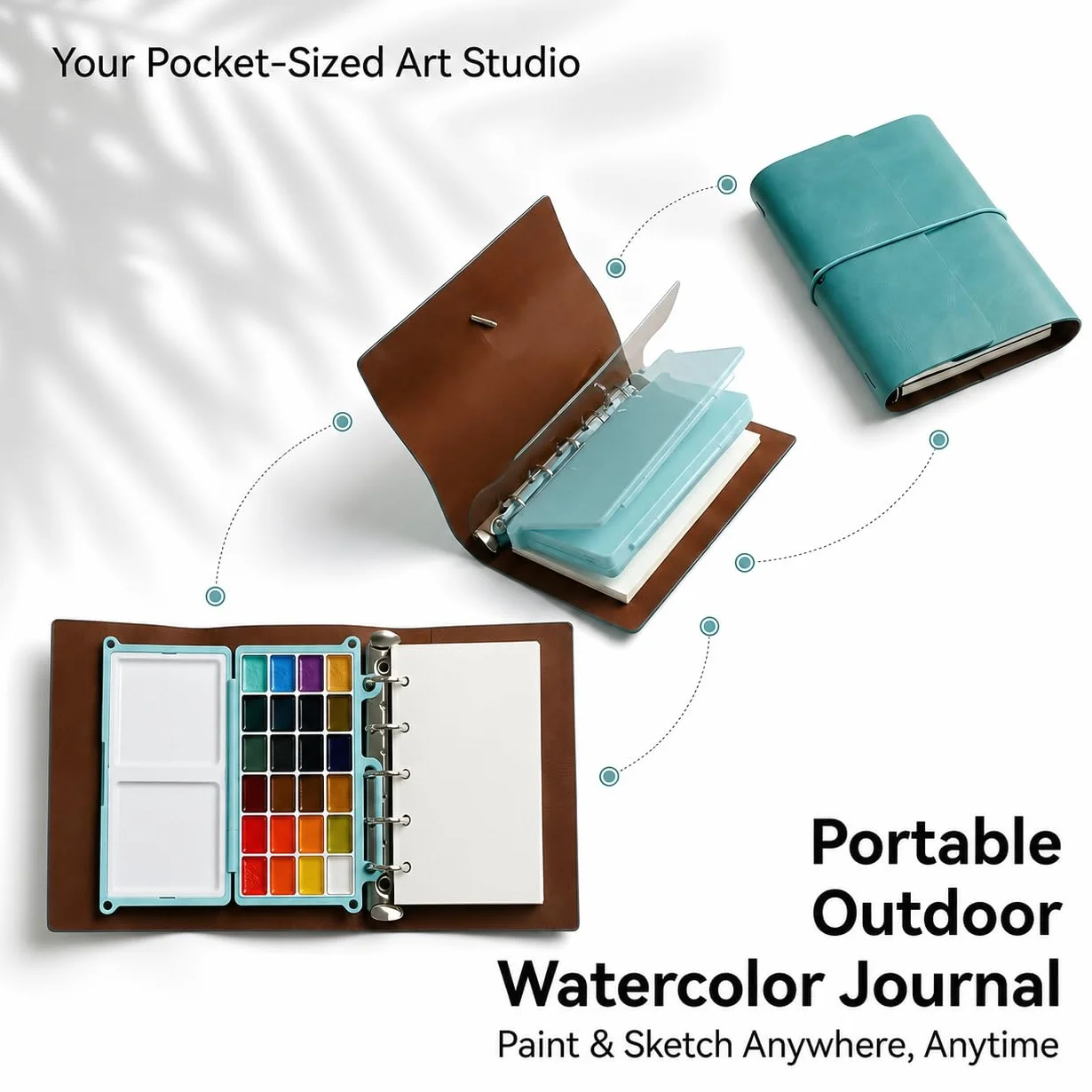 Set di pittura ad acquerello portatile per adulti – Kit da viaggio per acquerelli da 24 colori con taccuino (pagine bianche e nere), pennello e tavolozza ricaricabili, set artistico tutto in uno per