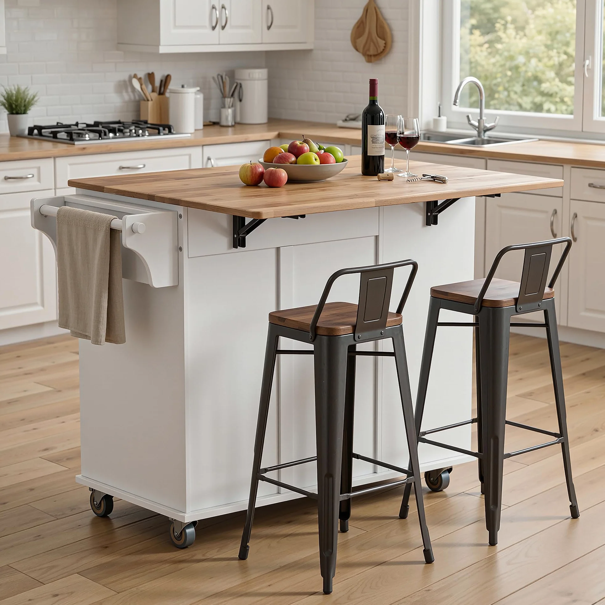 Xbro Isola Cucina con Piano di Lavoro Pieghevole e Ruote, Penisola Cucina Salvaspazio con Cassetto, Vano Pattumiera, Portacoltelli e Portasciugamani, Mobile Cucina 113 x 51 x 90 cm