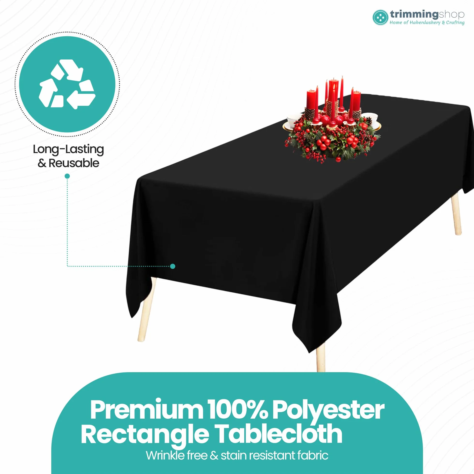 Trimming Shop Tovaglia rettangolare in poliestere nero, 228,6 x 396,2 cm, tovaglia in tessuto lavabile per tavolo da pranzo, banchetti, matrimoni, Natale, compleanni, feste, 10 pezzi