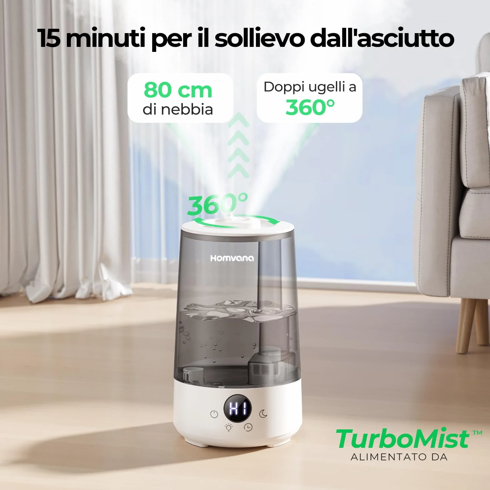Umidificatore Ambiente Bambini Homvana 3.6L, 360°Cool Mist 16dB Silenzioso for Baby, Piante Dura da 34H, Auto Sleep Modo, con Luce e Aromaterapia Top-Fill, Facile da Pulire, Oli Essenziali (Grigio)