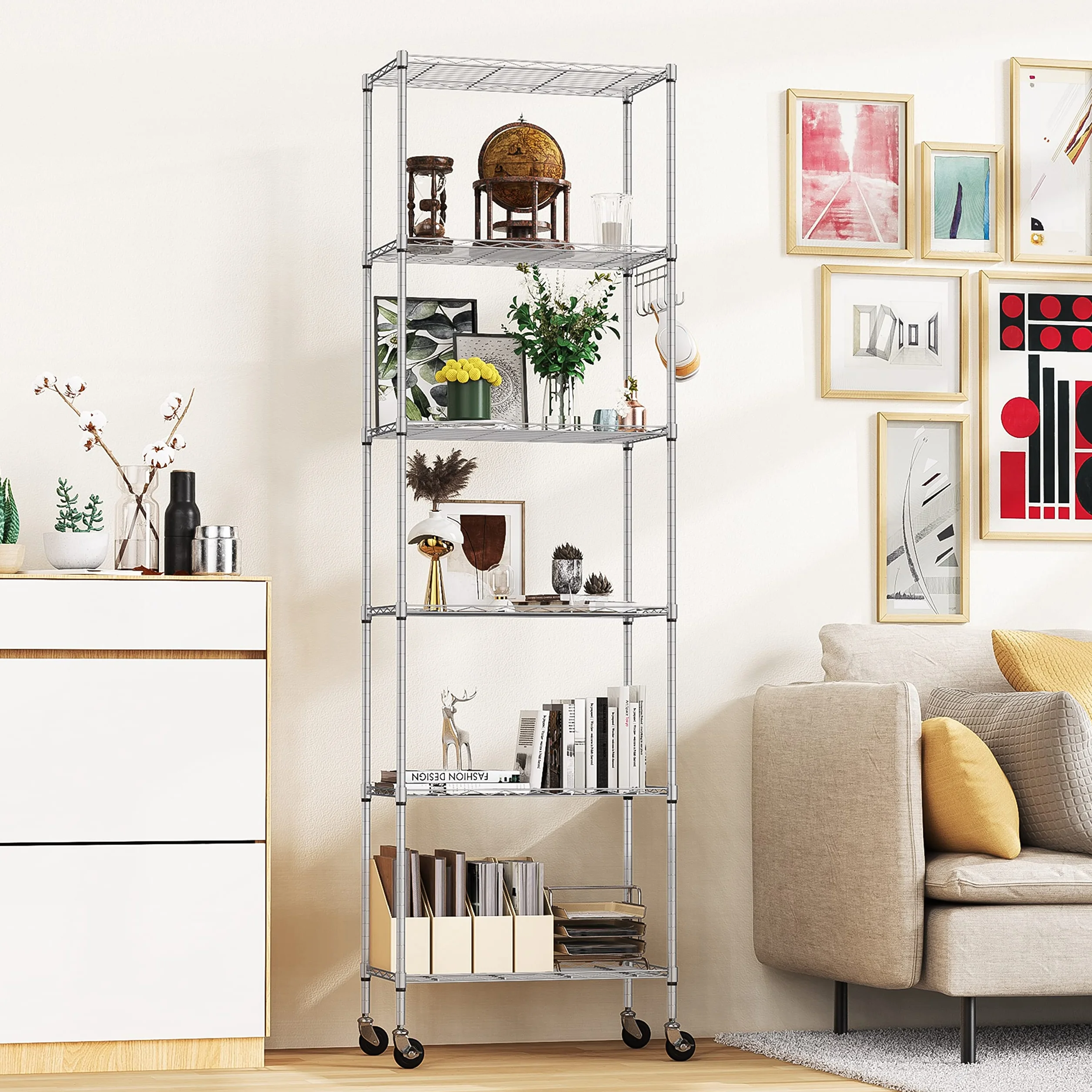 Himimi Scaffale in Filo Metallico a 6 Livelli con Ruote Regolabile in Altezza Argento