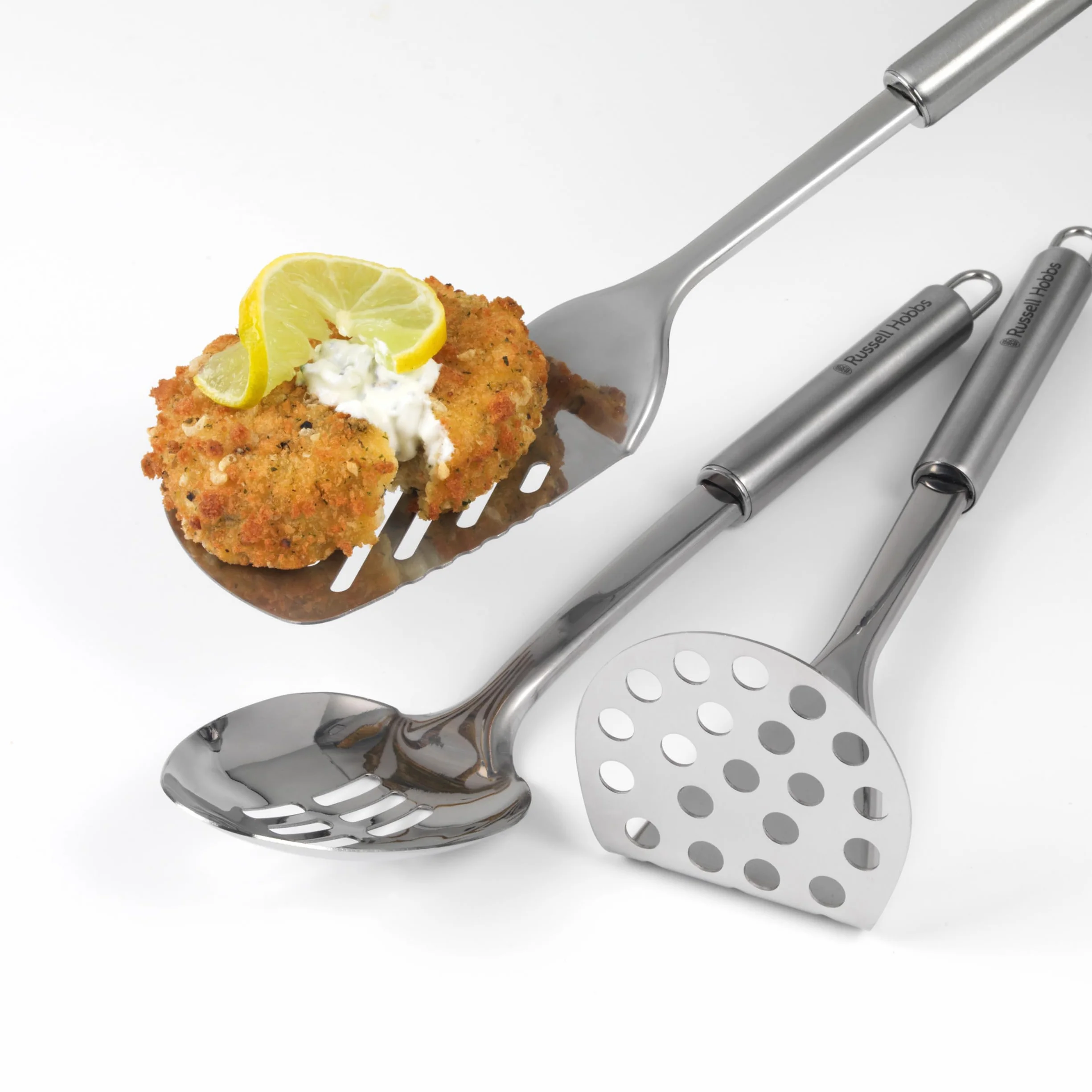Russell Hobbs® RH00123 - Set di utensili da cucina in acciaio inossidabile con supporto, 6 pezzi,Include cucchiaio solido e a taglio, Turner, Ladle, Masher e Pasta Server